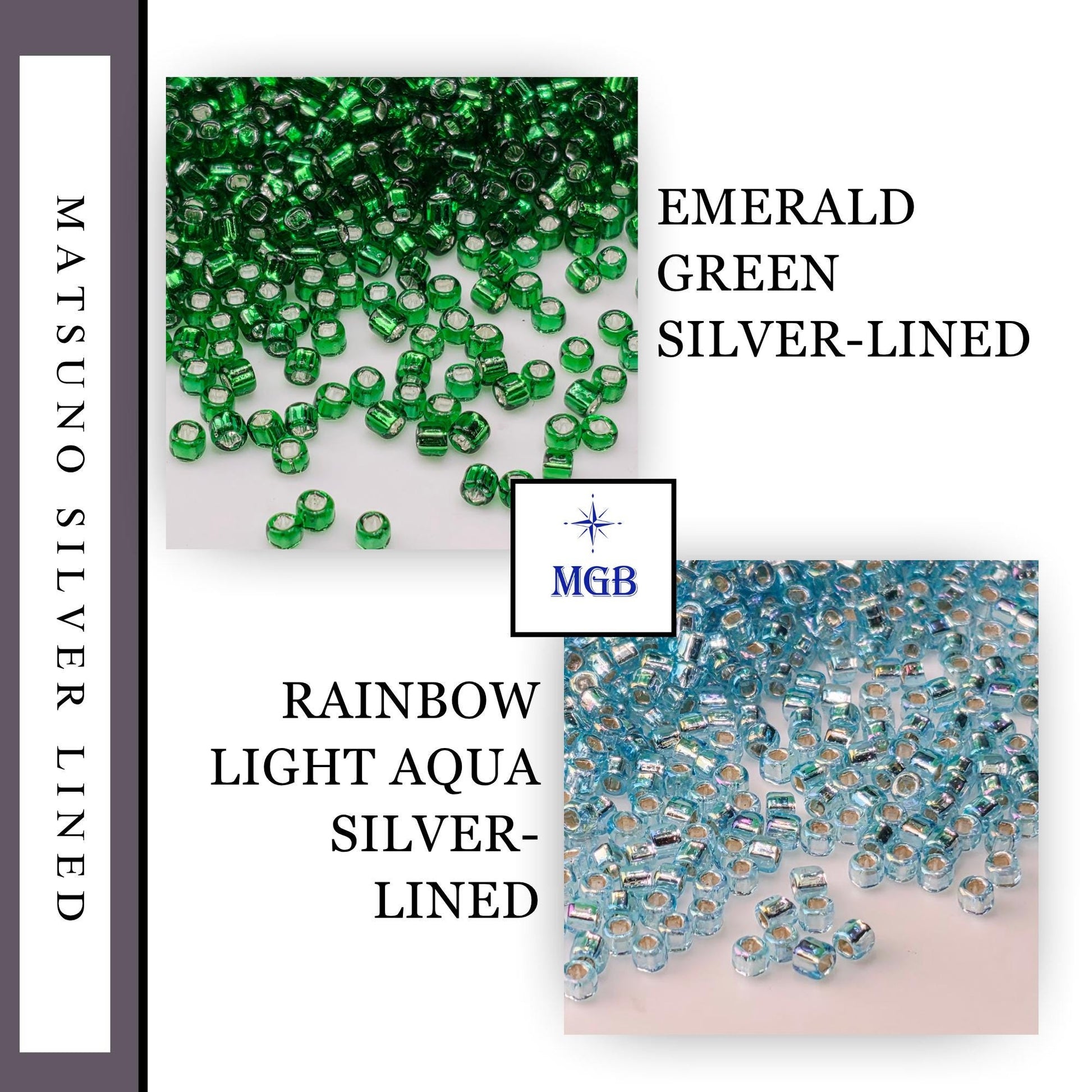 The image is a collage of two images, each showcasing a different type of bead: green and silver-lined, and rainbow-colored and light-aqua-colored.