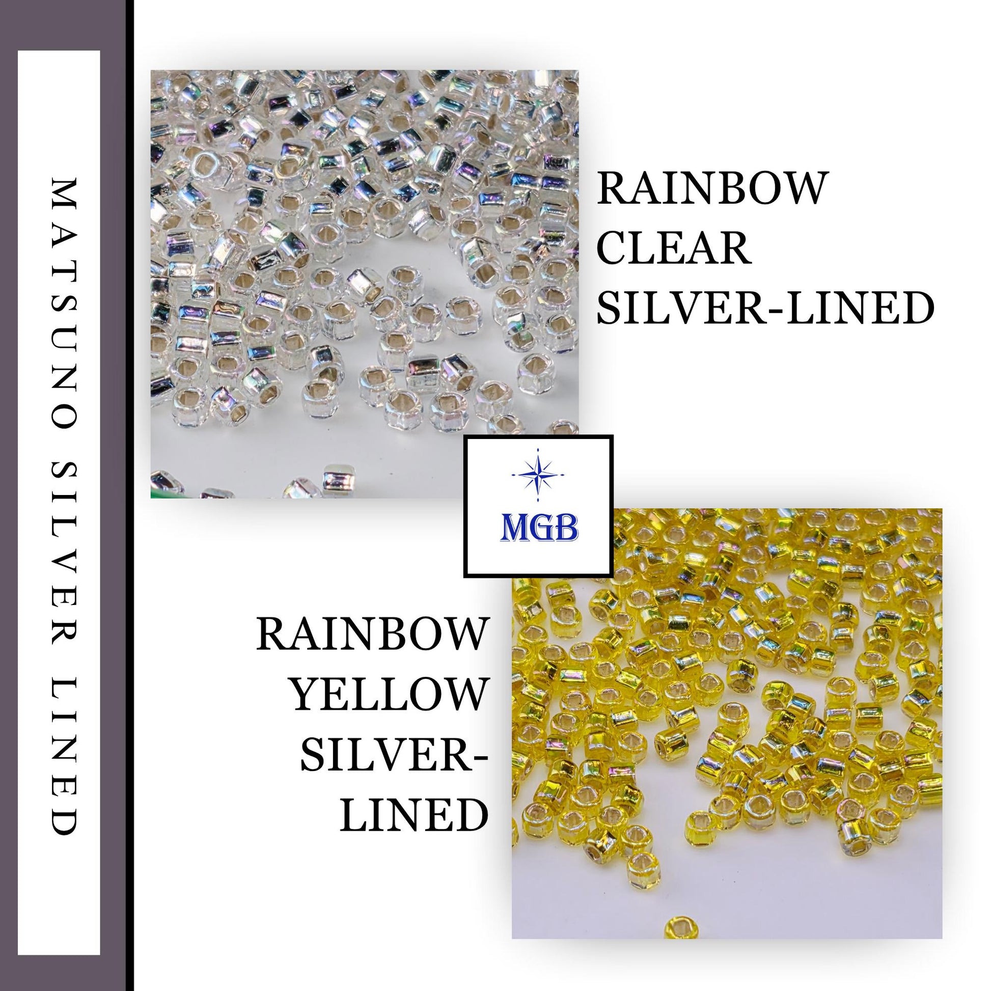 The image is a collage of two images, one showing a collection of clear beads in silver-lined rows and the other showing a collection of yellow beads in silver-lined rows.