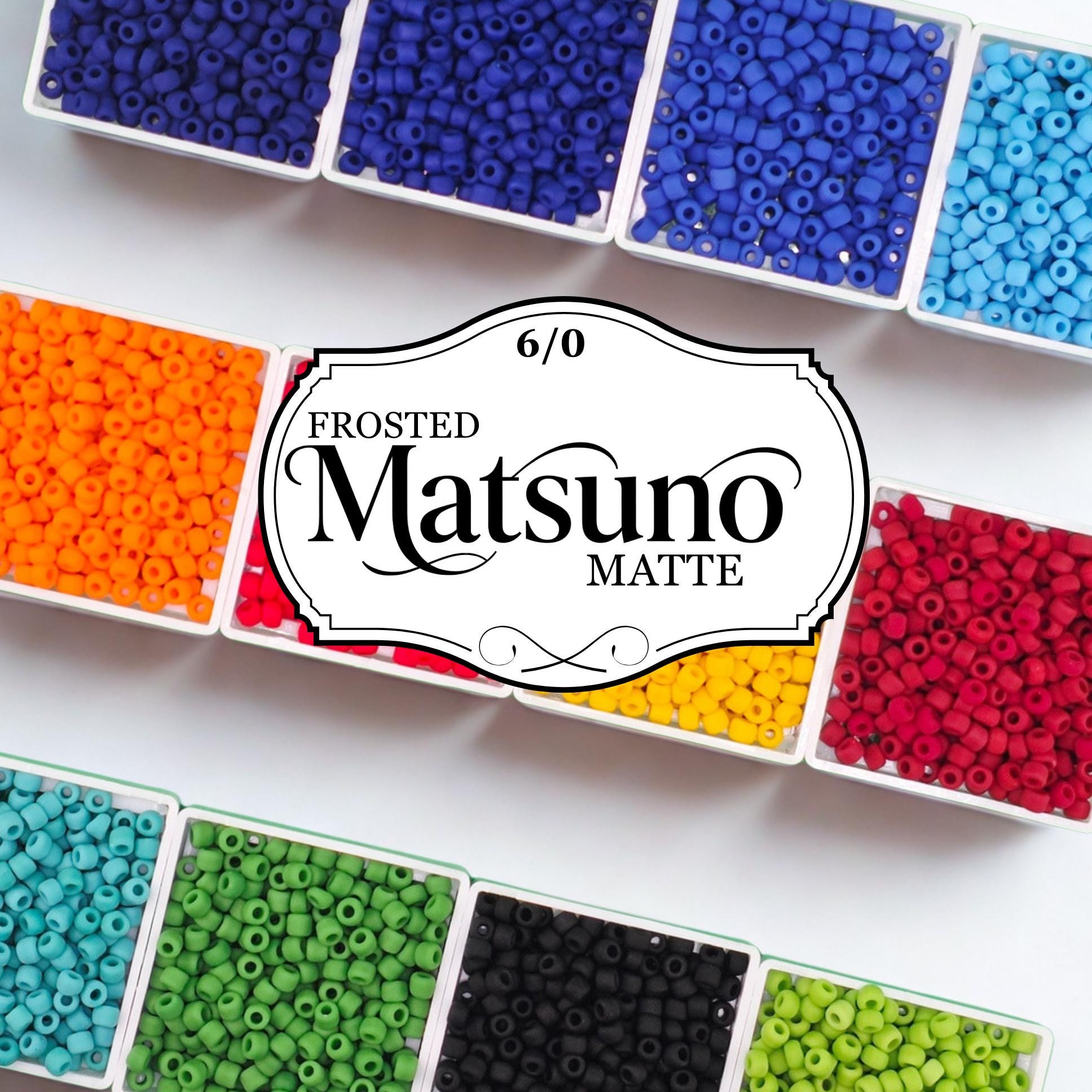A collection of colorful beads in various shades, including blue, orange, green, and red, arranged in containers.