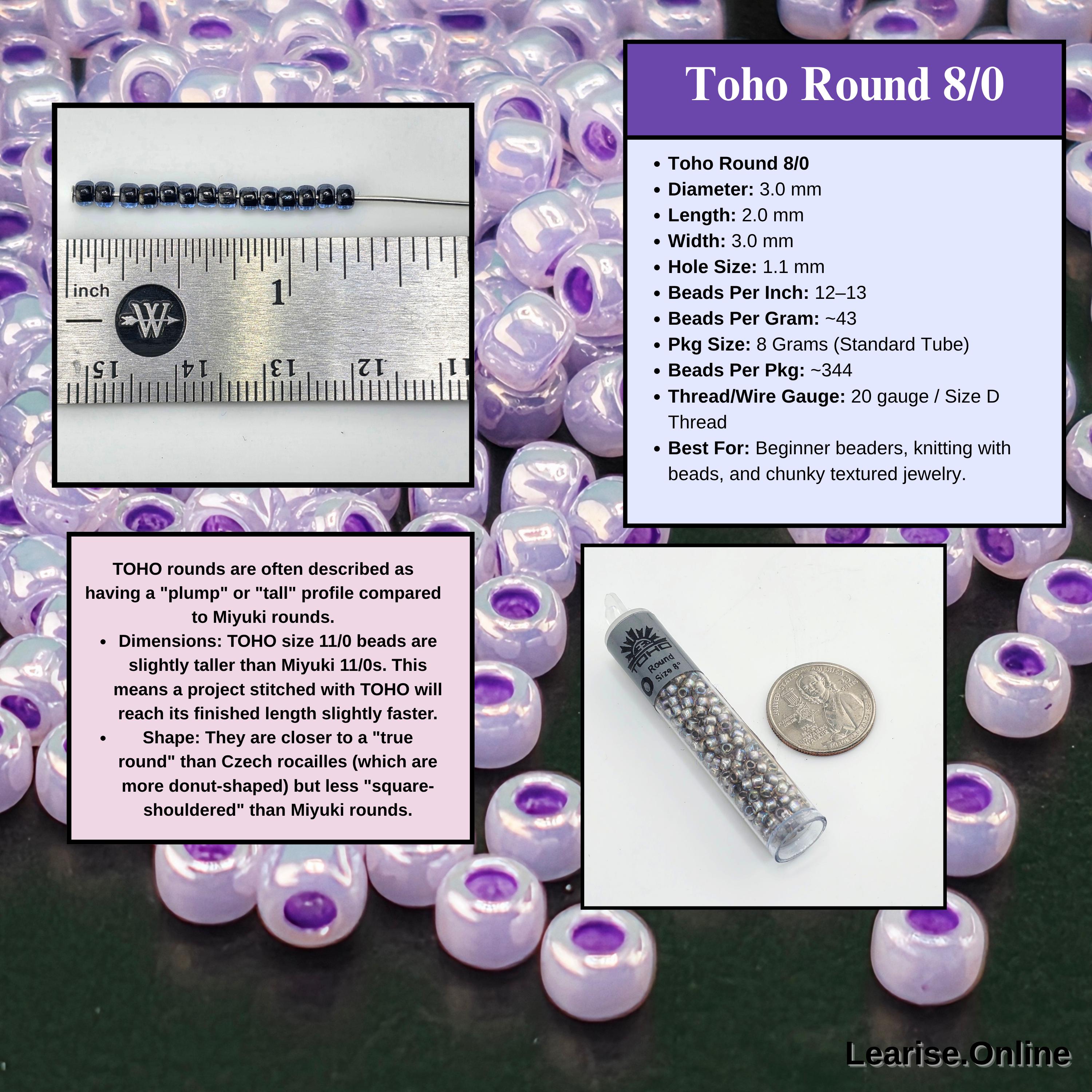 The image is a collage of three images: a close-up of a Toho Round 8/0 bead, a close-up of a Toho Round 8/0 bead, and a close-up of a bunch of purple beads.