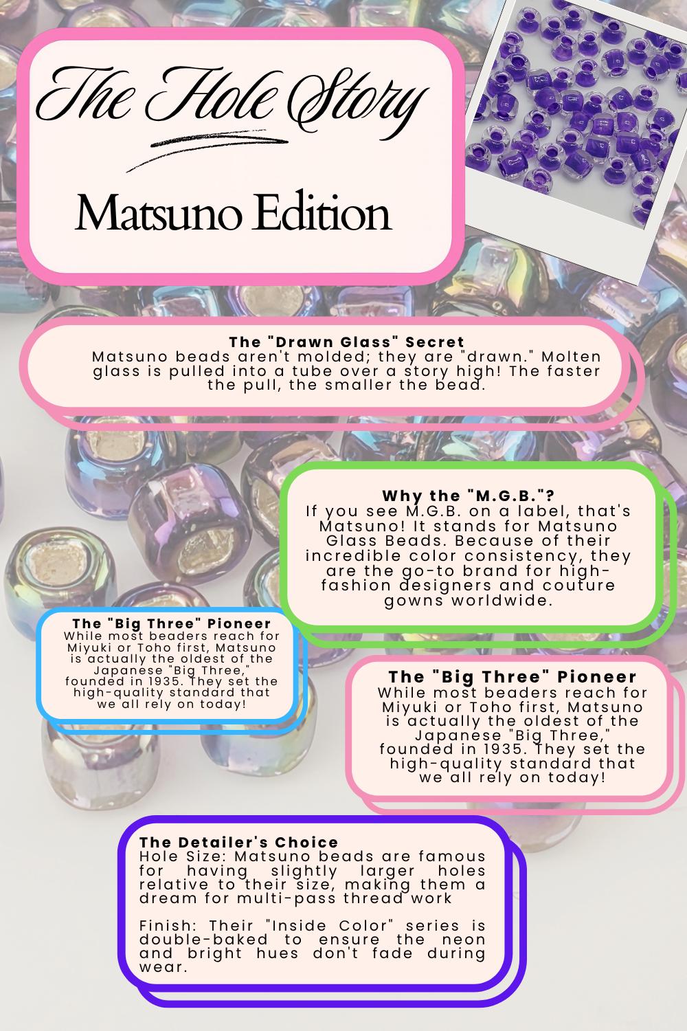 The image is a collage of three images featuring Matsuno beads, with text providing information about the Matsuno series.