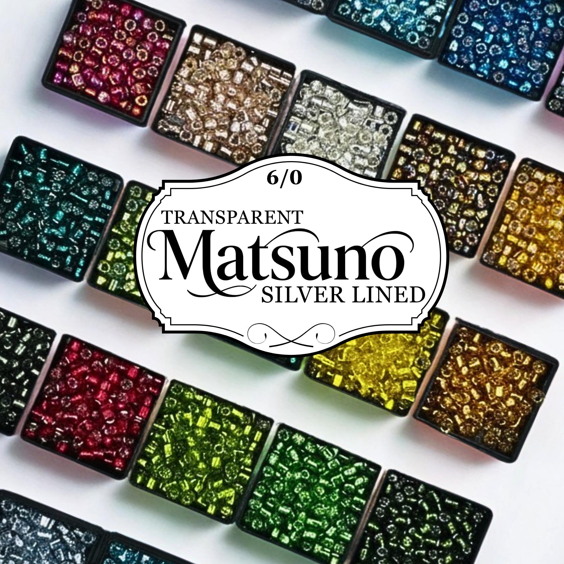 The image is a collage of various colored beads, with a central label that reads "TRANSPARENT MATSUNO SILVER LINED".