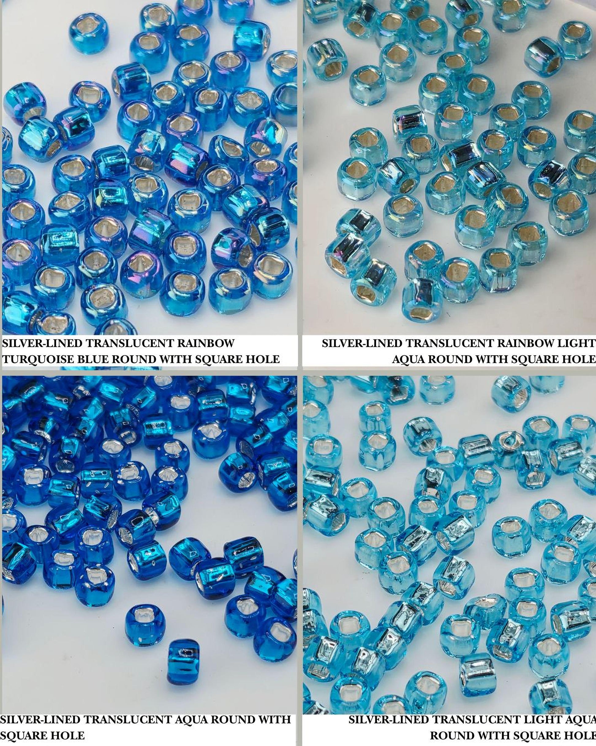 four different images of blue and silver-colored beads, each with a unique arrangement and size. The text labels the images as "Silver-lined Translucent Rainbow Light Turquoise Blue Round with Square Hole", "Silver-lined Translucent Rainbow Light Aqua Round with Square Hole", "Silver-lined Translucent Rainbow Light Turquoise Blue Round with Square Hole", and "Silver-lined Translucent Rainbow Light Aqua Round with Square Hole".