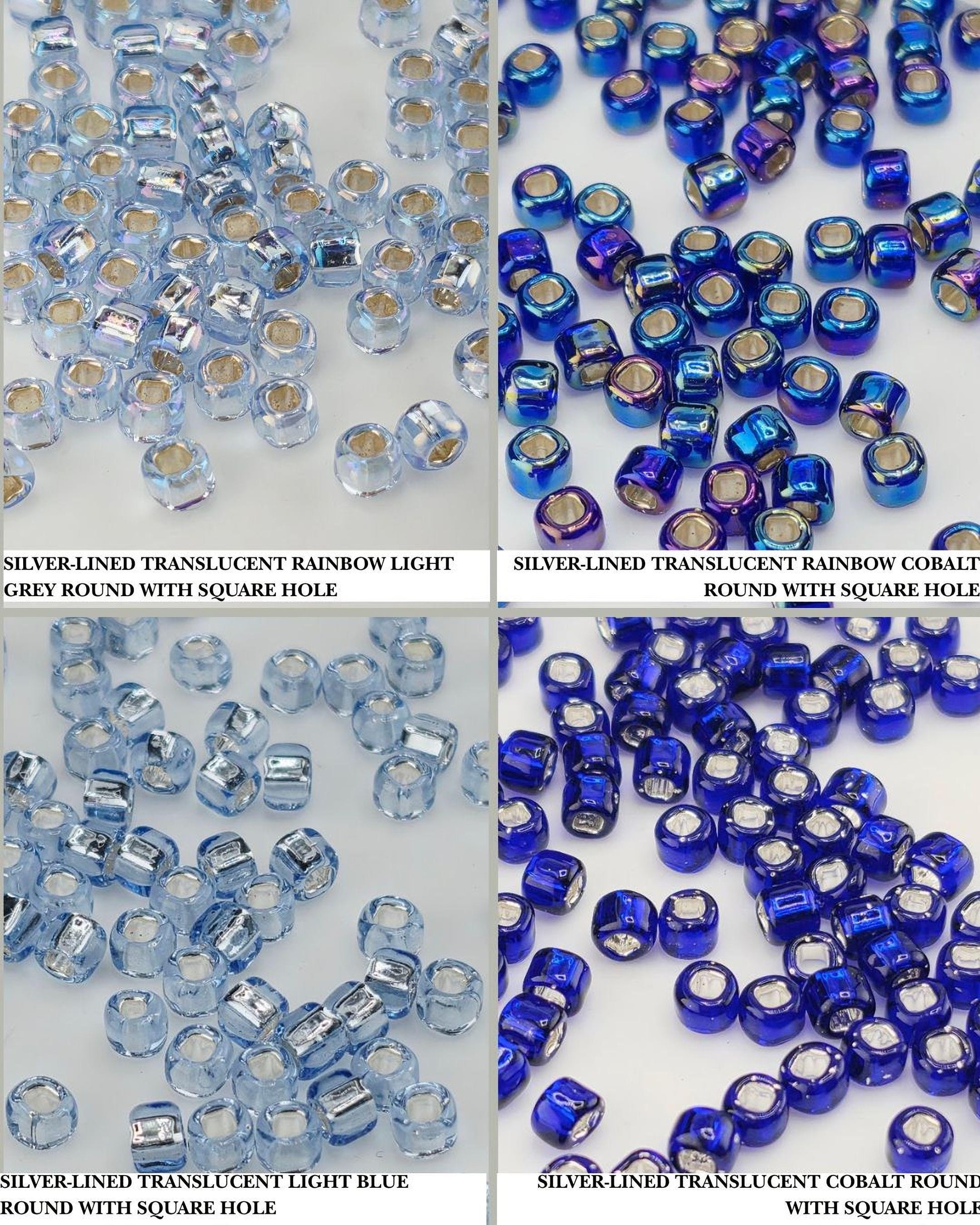 four different arrangements of transparent beads, each with a unique color and shape. The beads are scattered across a white background, creating a visually appealing display.