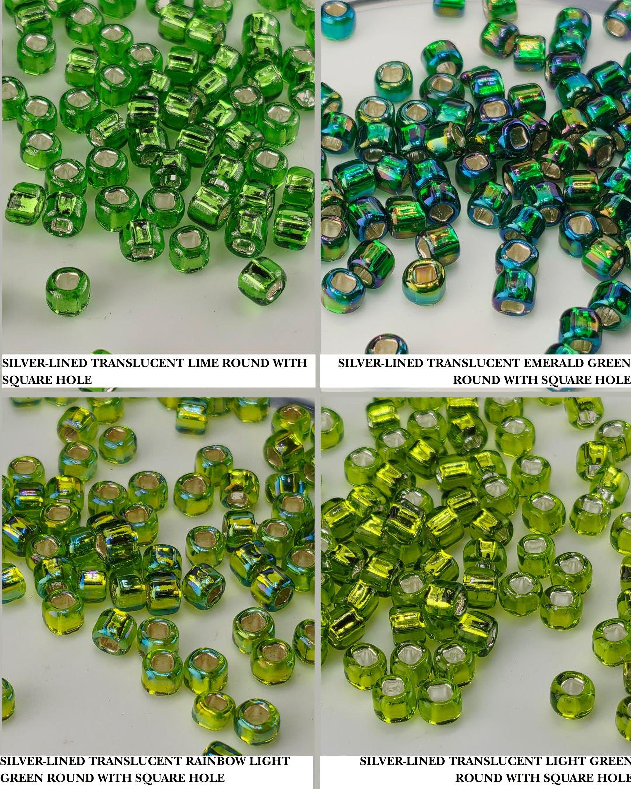 four different arrangements of green and silver-colored beads, each with a unique shape and size, arranged in a grid-like pattern.