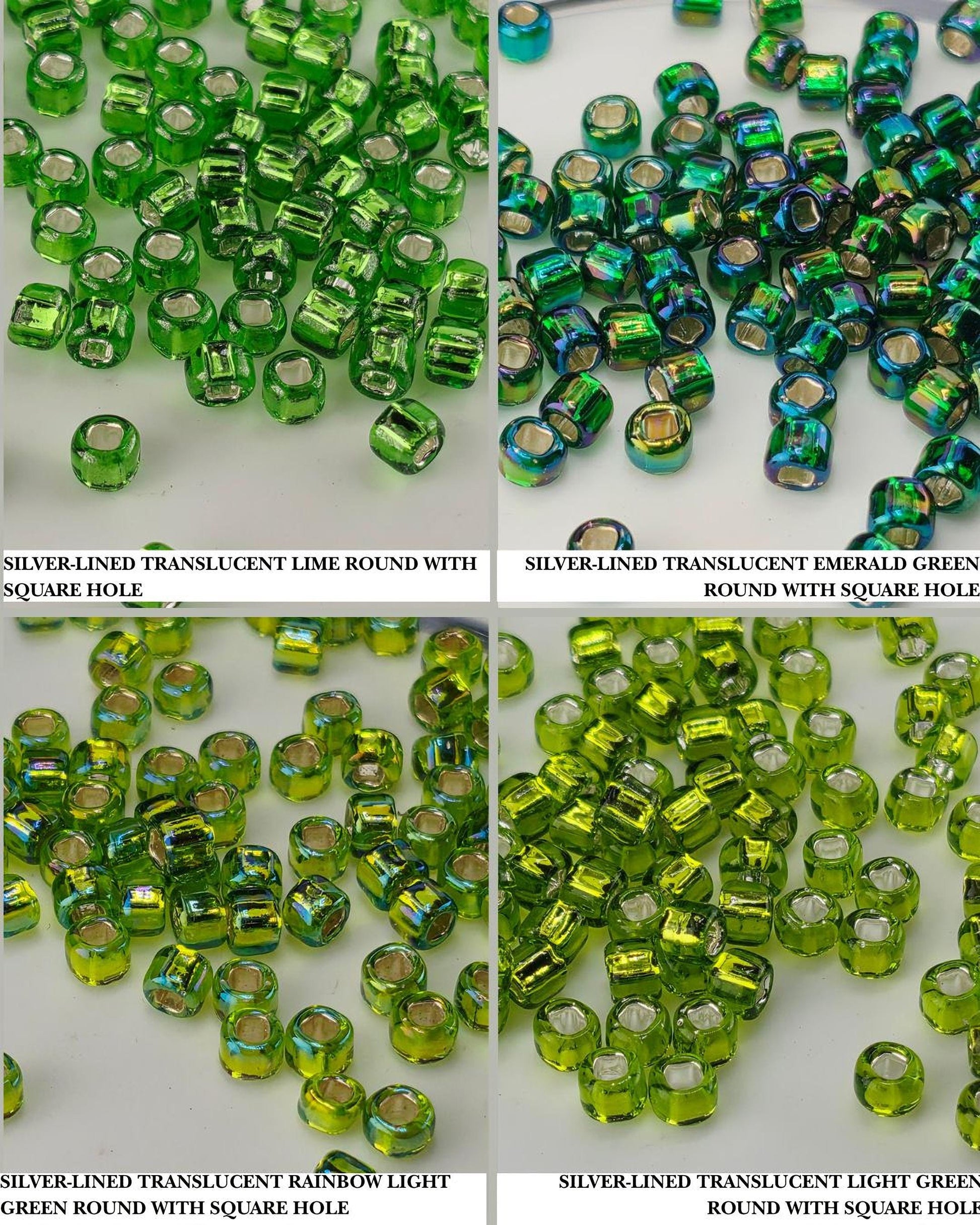 four different arrangements of green and silver-colored beads, each with a unique shape and size, arranged in a grid-like pattern.