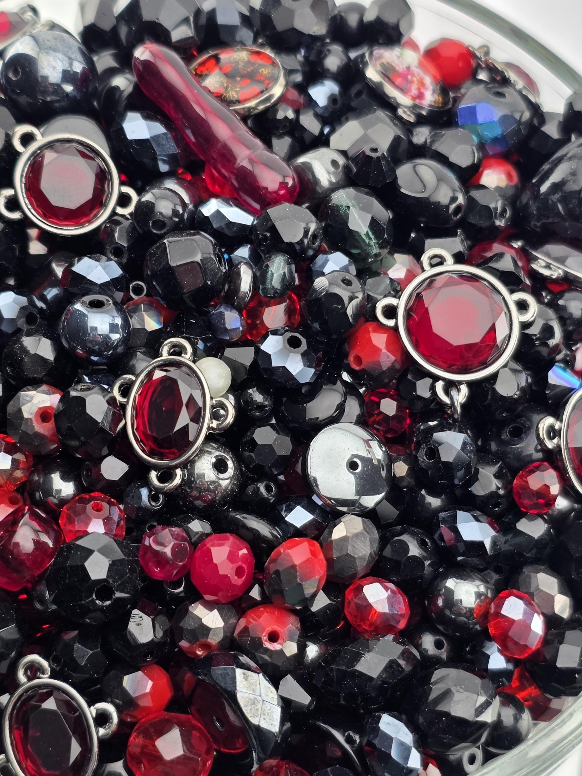 Midnight Flame Glass Beads, Red and Black Mix (Faceted Czech Bead Soup) | Jewelry Making Bracelet Supply | Learise Curated Mix