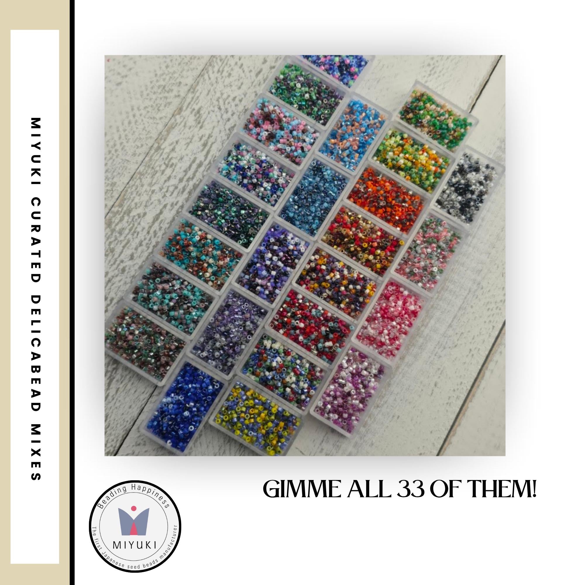 A collection of colorful beads in various shapes and sizes, arranged in rows and columns, with the text "GIMME ALL. 33 OF THEM!" prominently displayed.