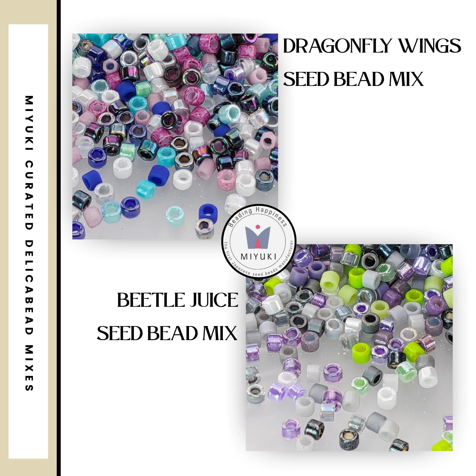 The image is a collage of two images, each containing a variety of colorful beads, including Dragonfly Wings and Beetle Juice Seed Bead Mix. The Dragonfly Wings image is a close-up of the beads, while the Beetle Juice Seed Bead Mix image shows the beads scattered on a surface.