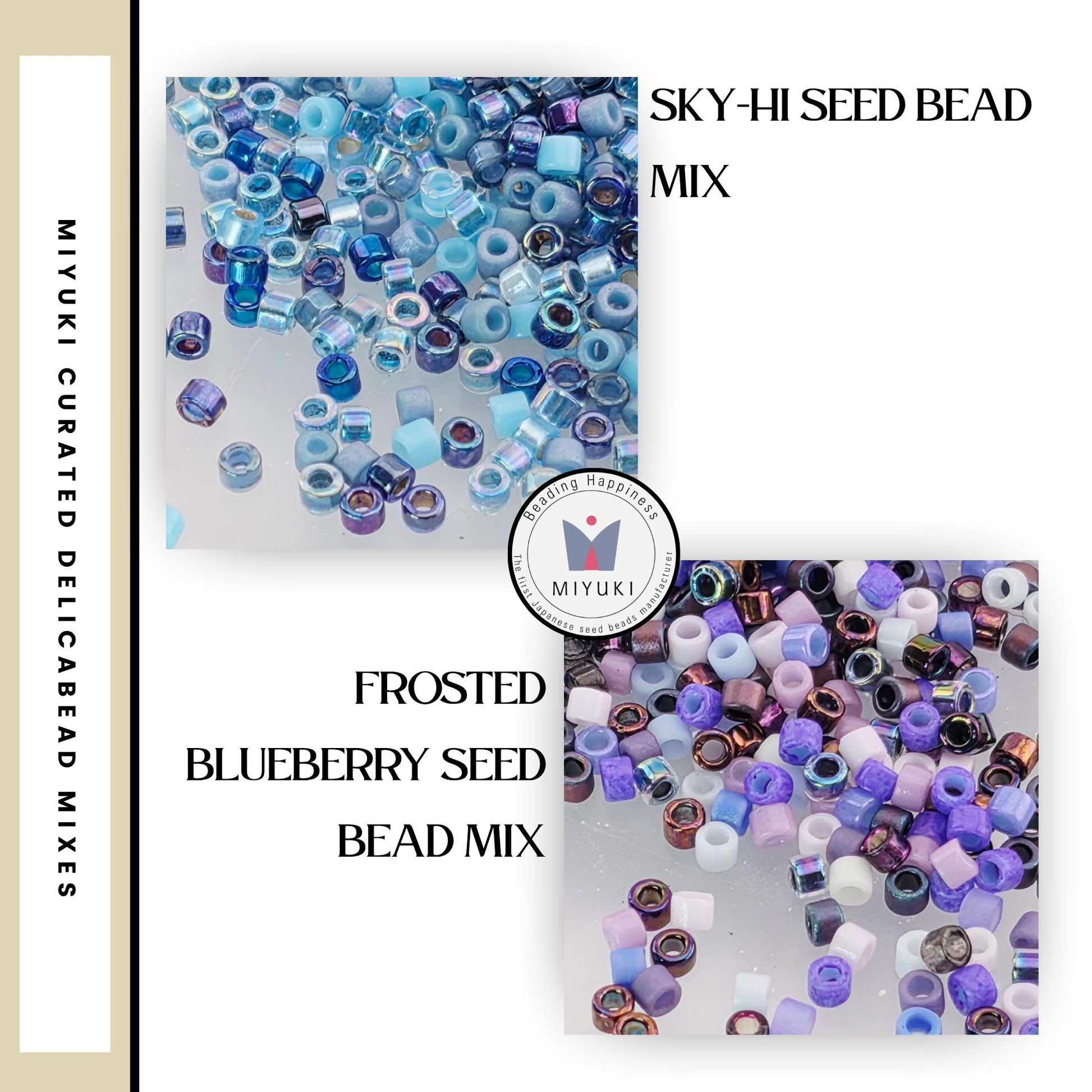 The image is a collage of two images, each showcasing a different type of bead mix: Sky-Hi Seed Bead Mix and Frosted Blueberry Seed Bead Mix. The first image displays a large pile of blue and purple beads, while the second image shows a smaller pile of purple and blue beads.