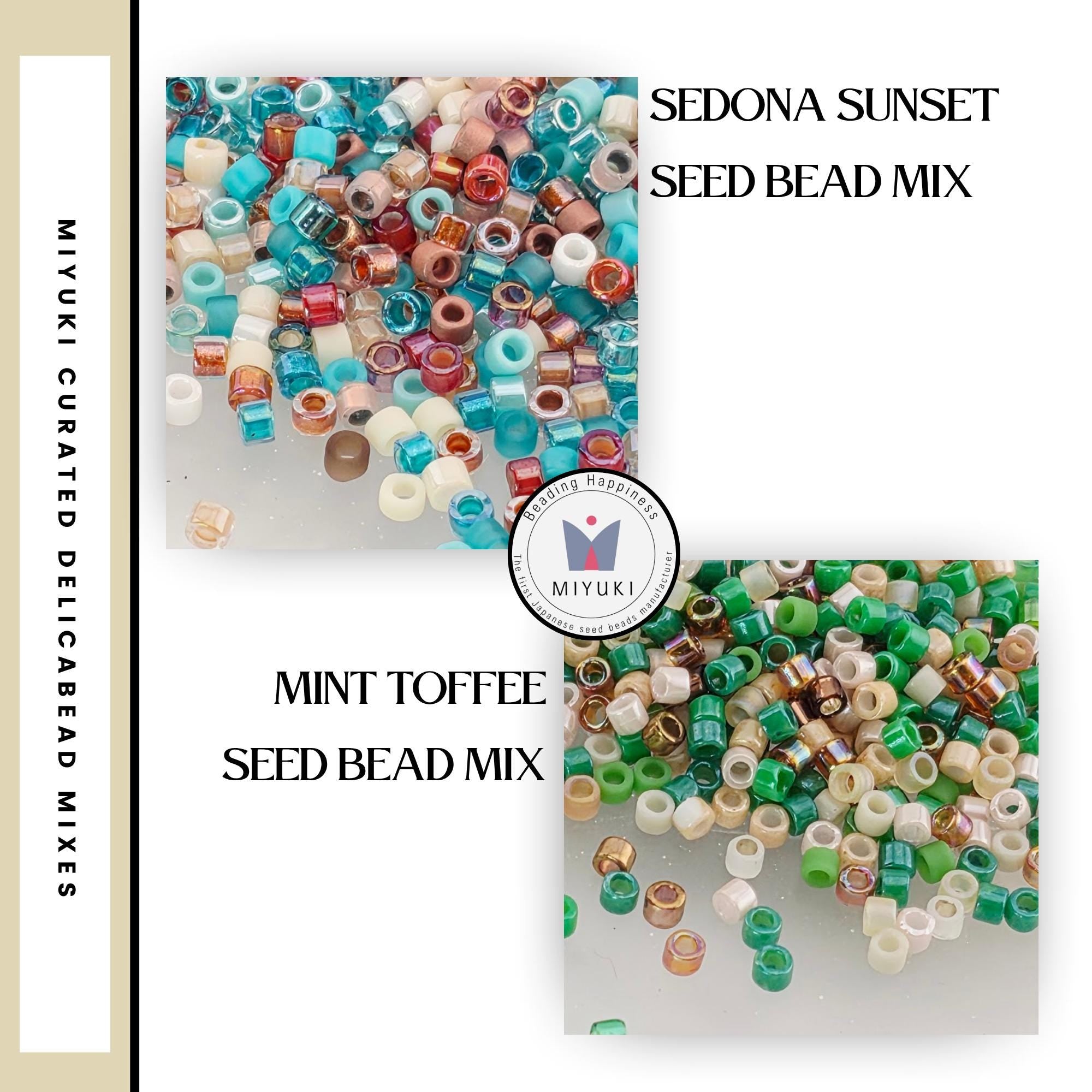 The image is a collage of two images, each containing a variety of colorful seed beads. The text in the image provides information about the seed bead mix, including the names of the beads and the type of mix.