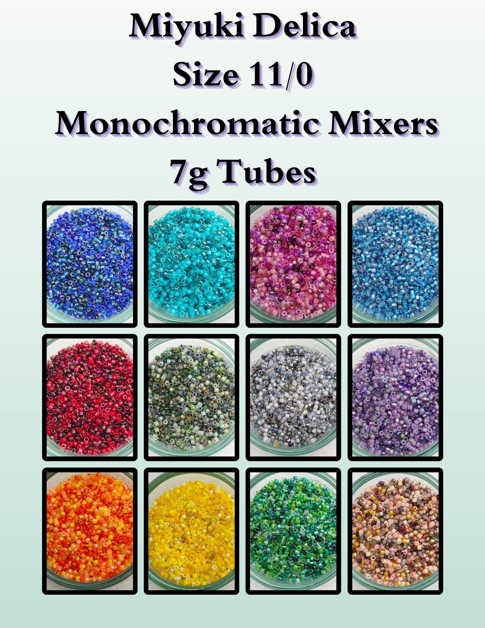 May include: A collection of Miyuki Delica size 11/0 monochromatic seed beads in 7g tubes. The image displays a variety of colors, including blue, turquoise, pink, red, green, gray, purple, orange, yellow, and beige. Each tube is in a clear container.