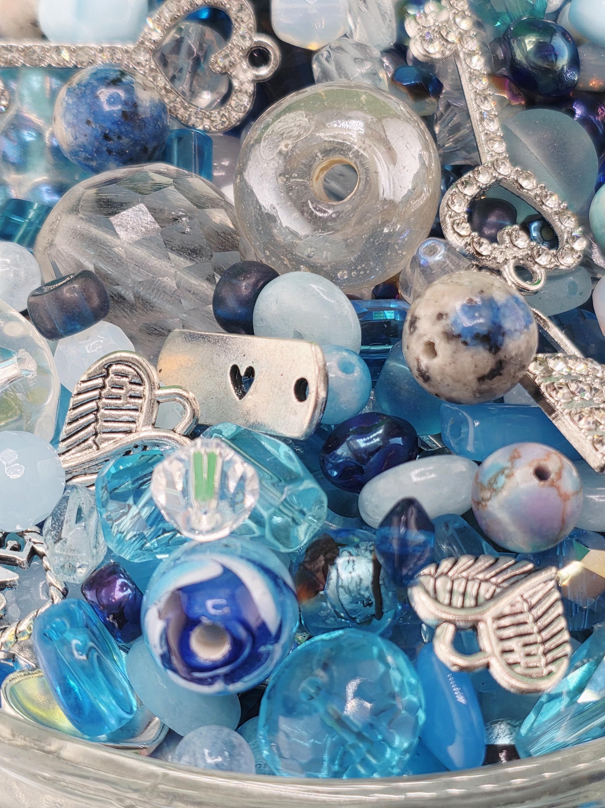 Zen Blue bead Mix. Glass, Gemstone and metal beads with alloy charms Blue and Aqua Shades (2oz Bead Set) | Jewelry Making Bracelet Supply