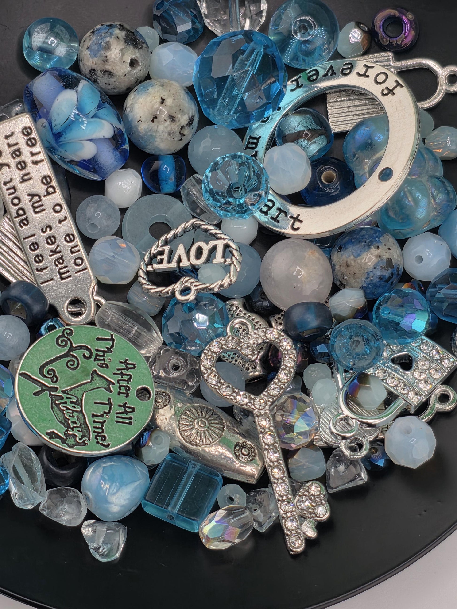 Zen Blue bead Mix. Glass, Gemstone and metal beads with alloy charms Blue and Aqua Shades (2oz Bead Set) | Jewelry Making Bracelet Supply