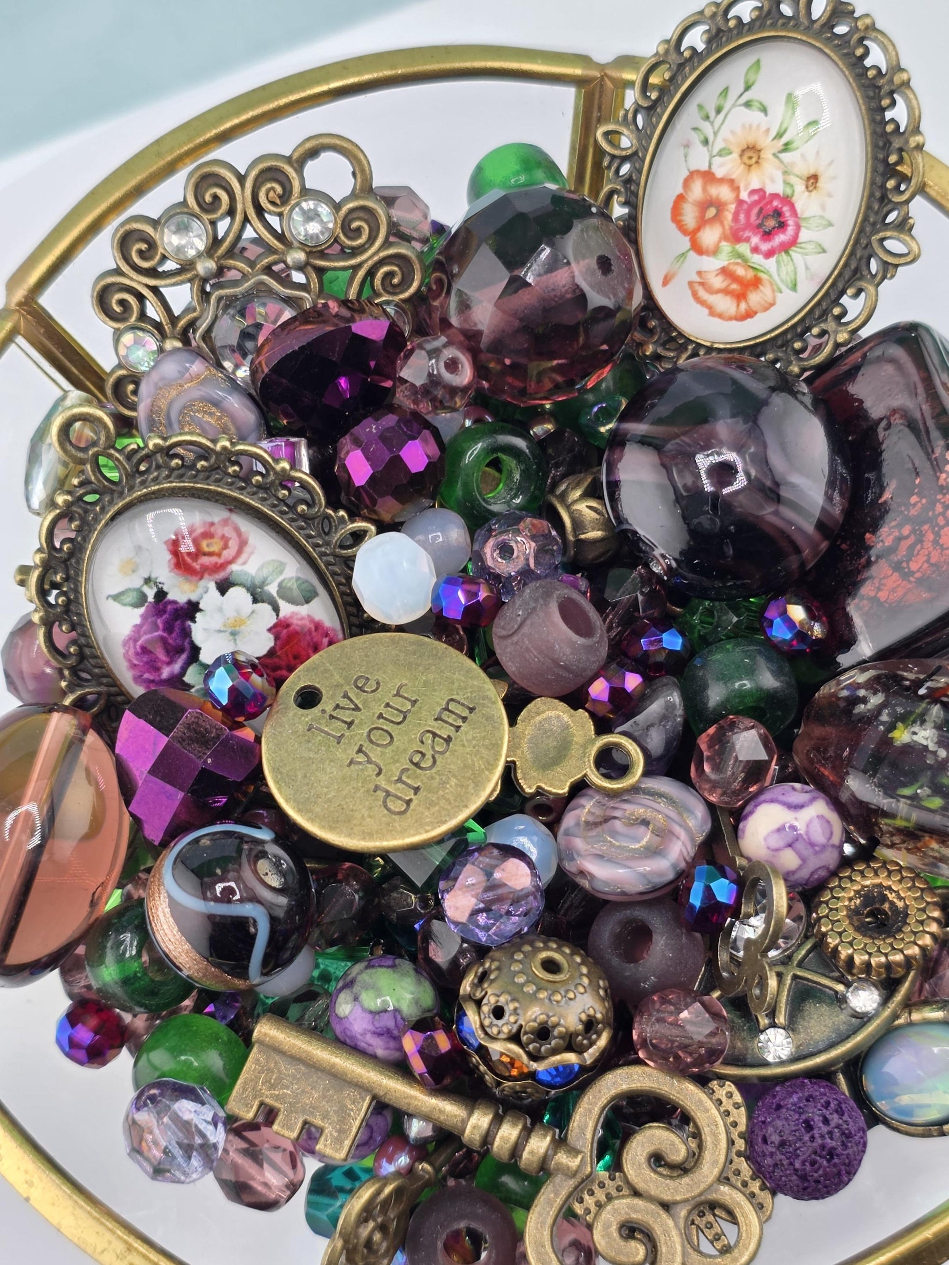 Glass Bead Mix: Icy Lilac Hues and Metal Charms - 2oz Assortment