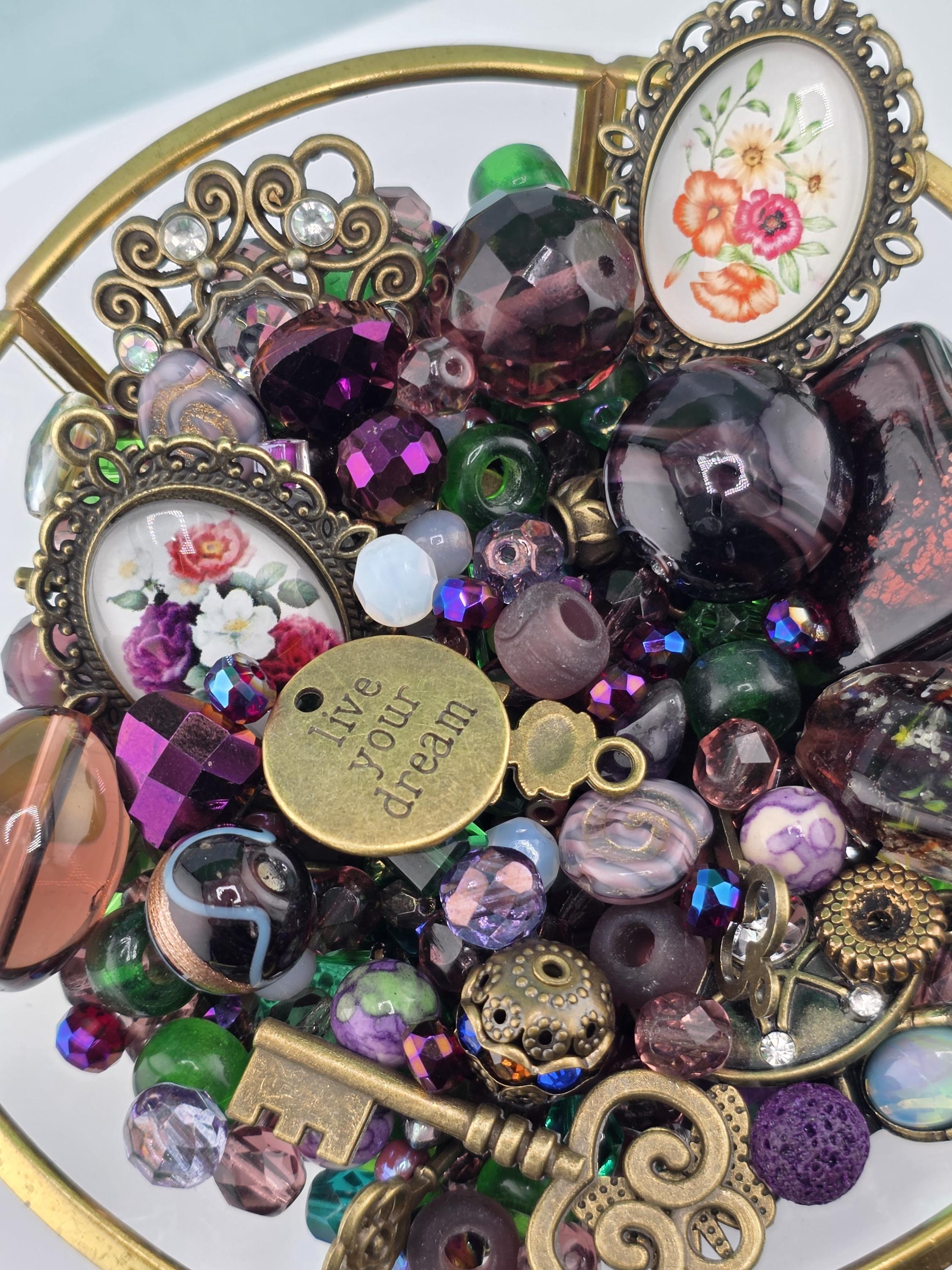 Glass Bead Mix: Icy Lilac Hues and Metal Charms - 2oz Assortment
