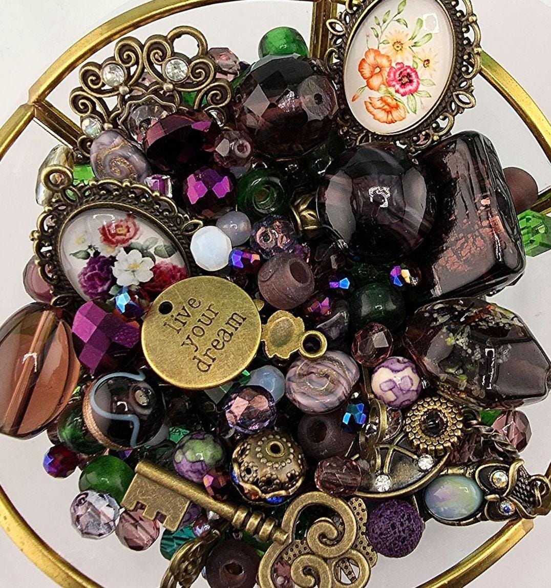 Glass Bead Mix: Icy Lilac Hues and Metal Charms - 2oz Assortment