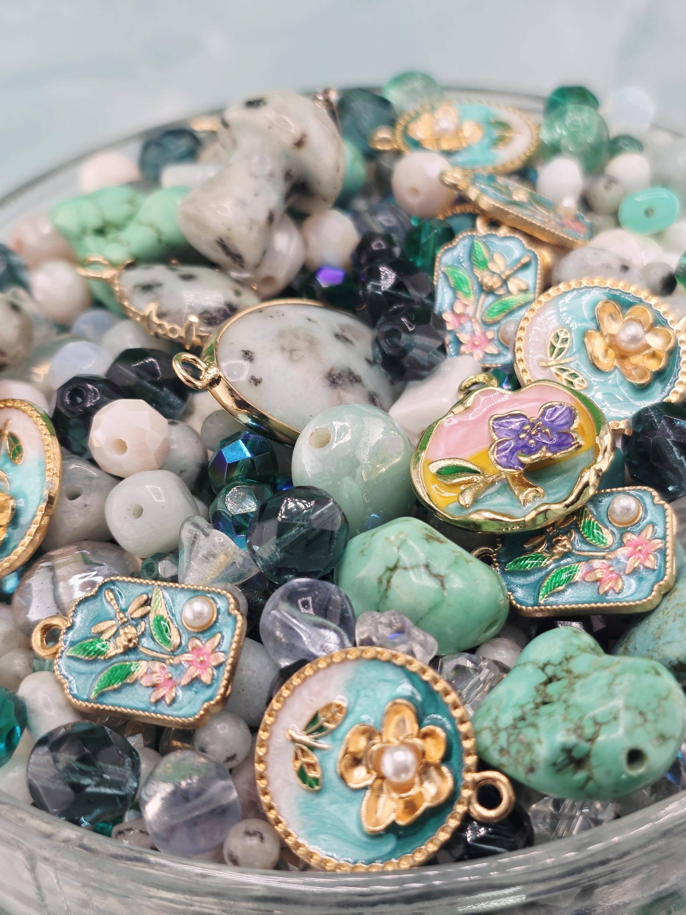 Gemstone, glass and mixed metal beads and charm mix "kiwi be friends" 2oz package | Jewelry Making Bracelet Supply | Learise Curated Mix