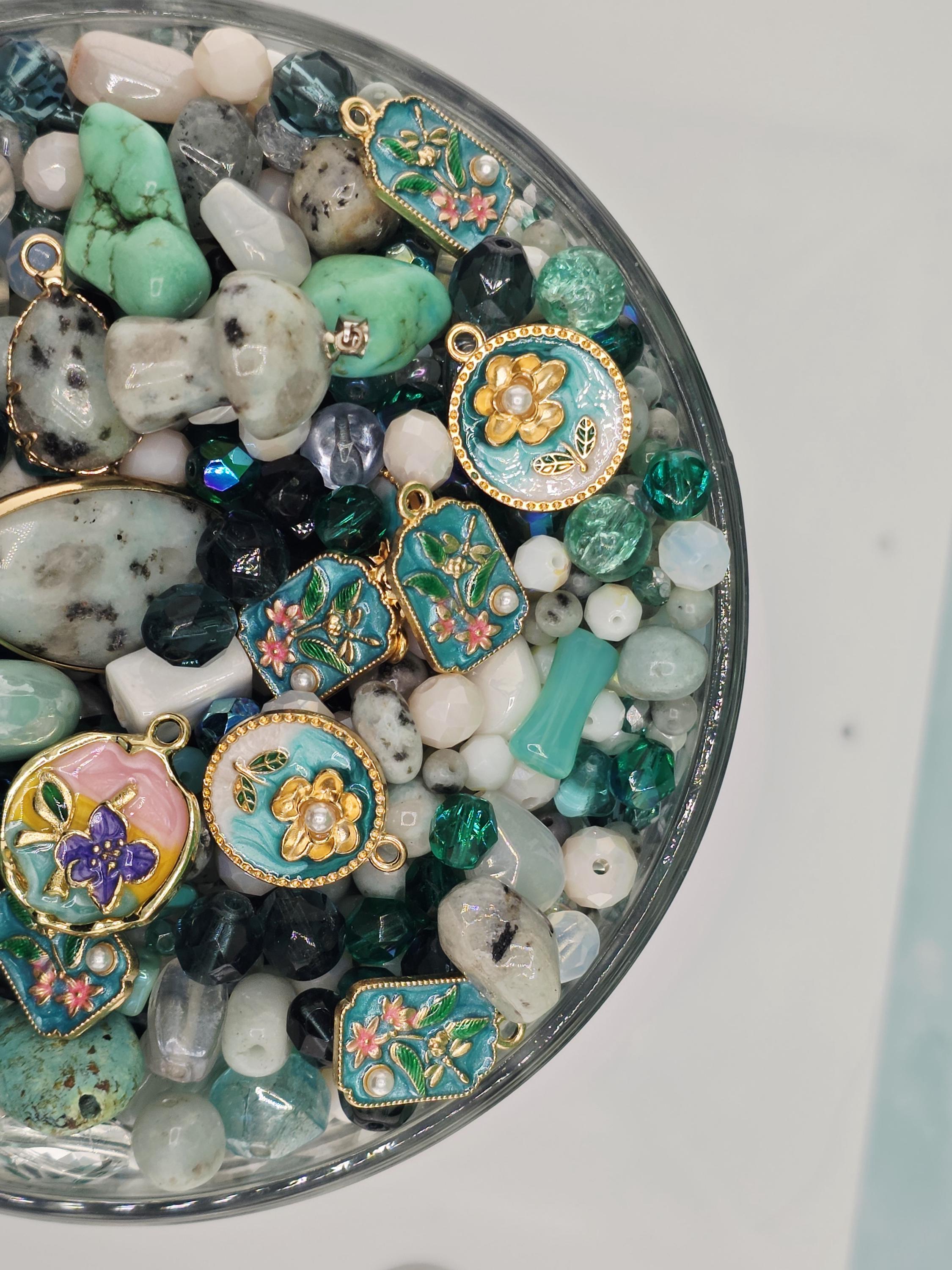 Gemstone, glass and mixed metal beads and charm mix "kiwi be friends" 2oz package | Jewelry Making Bracelet Supply | Learise Curated Mix