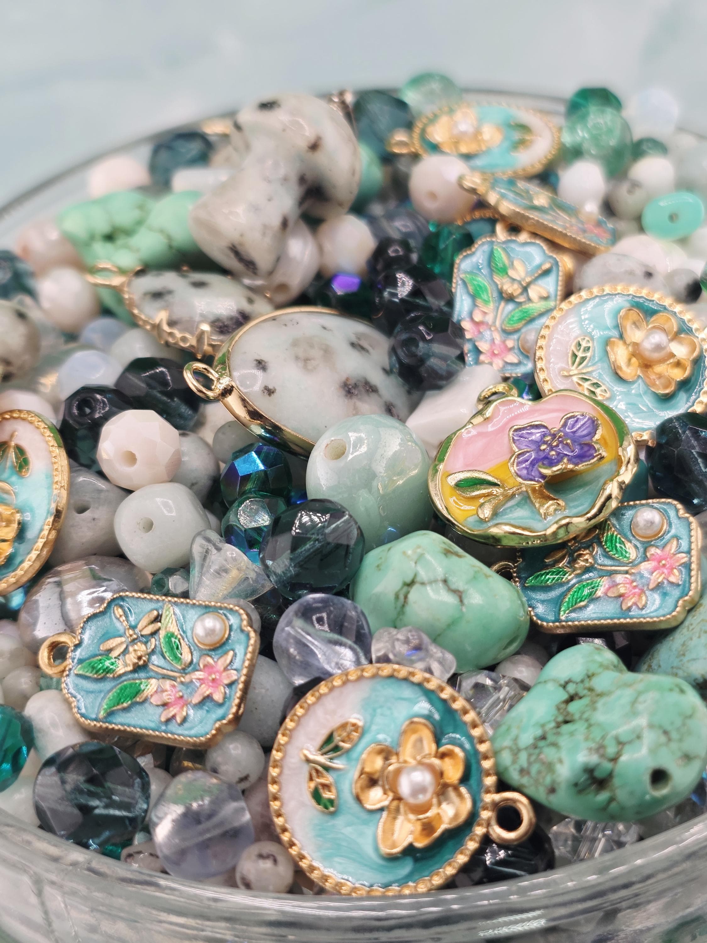 Gemstone, glass and mixed metal beads and charm mix "kiwi be friends" 2oz package | Jewelry Making Bracelet Supply | Learise Curated Mix
