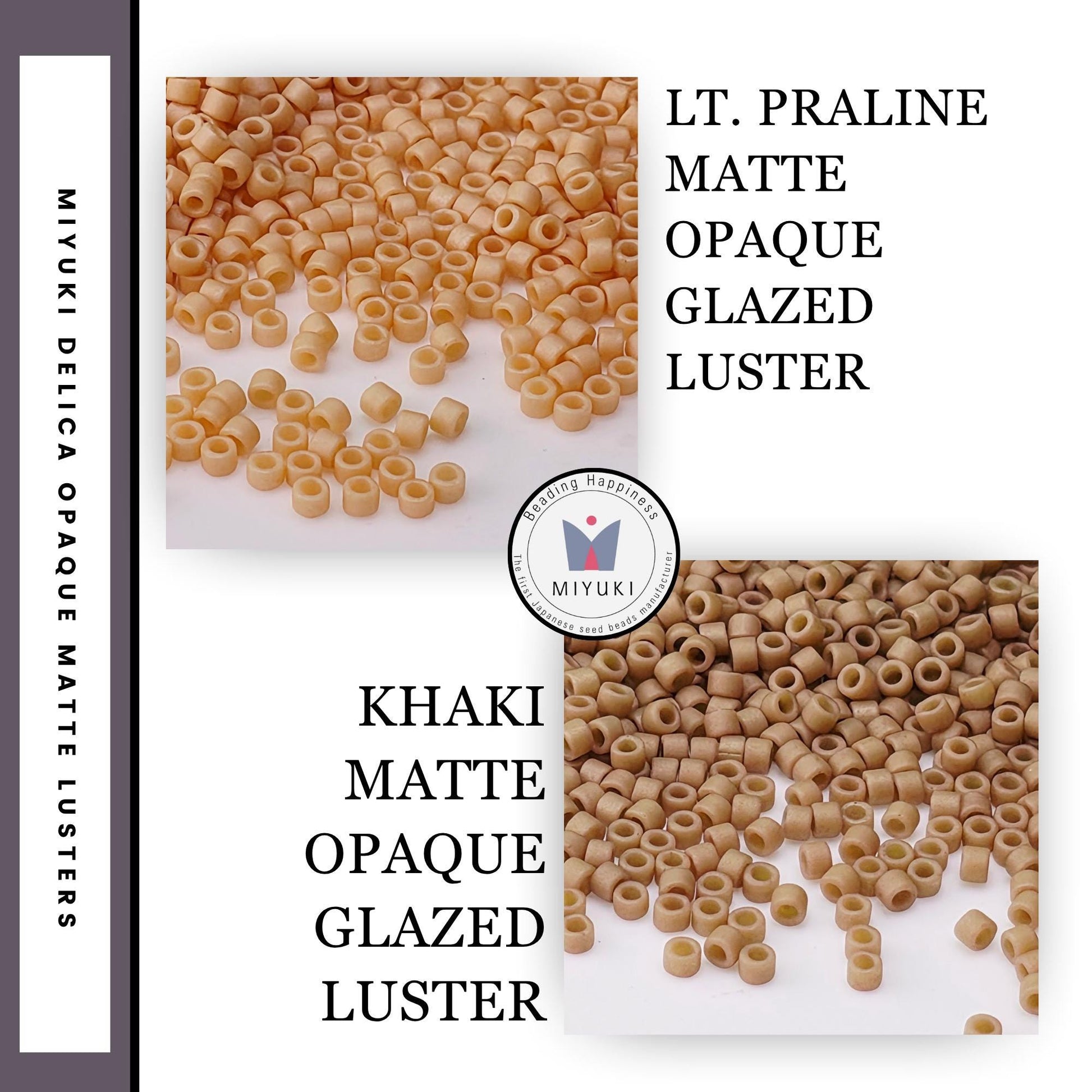 The image is a collage of two images, each depicting a different type of pasta:LT. Praline Matte Opaque Glazed Luster and Khaki Matte Opaque Glazed Luster.