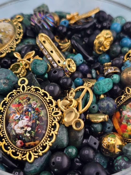 Mixed Gemstone and Glass Mix "To have and Bead-hold" with matching botanical theme charms and metal beads (2oz Jewelry Supply)