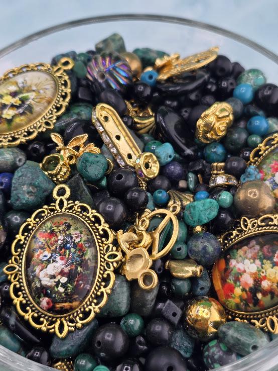 Mixed Gemstone and Glass Mix "To have and Bead-hold" with matching botanical theme charms and metal beads (2oz Jewelry Supply)