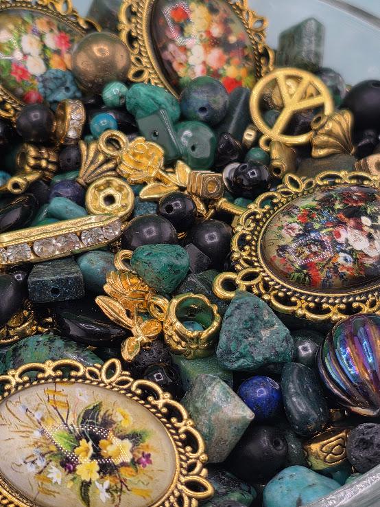 Mixed Gemstone and Glass Mix "To have and Bead-hold" with matching botanical theme charms and metal beads (2oz Jewelry Supply)