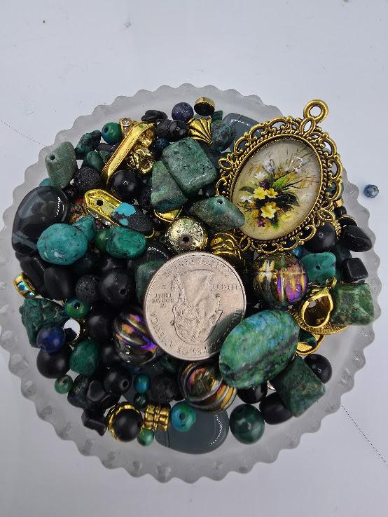 Mixed Gemstone and Glass Mix "To have and Bead-hold" with matching botanical theme charms and metal beads (2oz Jewelry Supply)