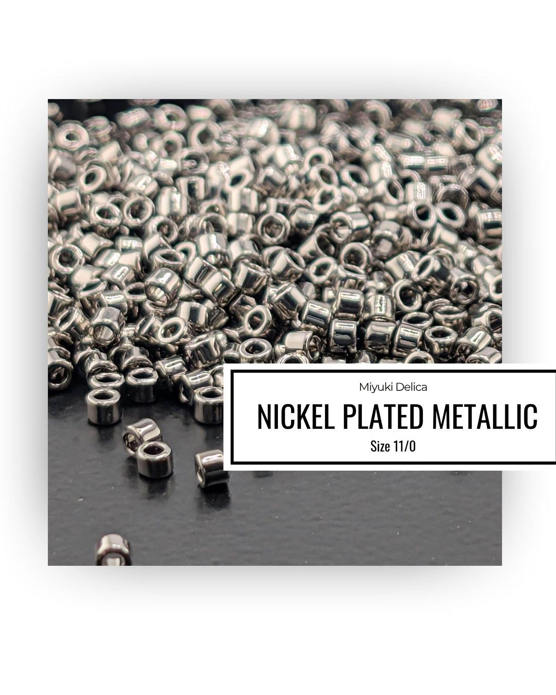 a close-up view of numerous metallic nuts or bolts, with a label in the foreground providing information about the product.