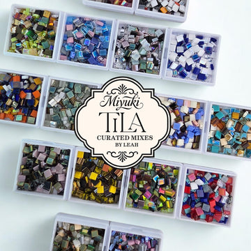 a collection of colorful mosaic tiles arranged in various boxes, with a central label that reads "Myuki TILA CURATED MIXES BY LEAH".