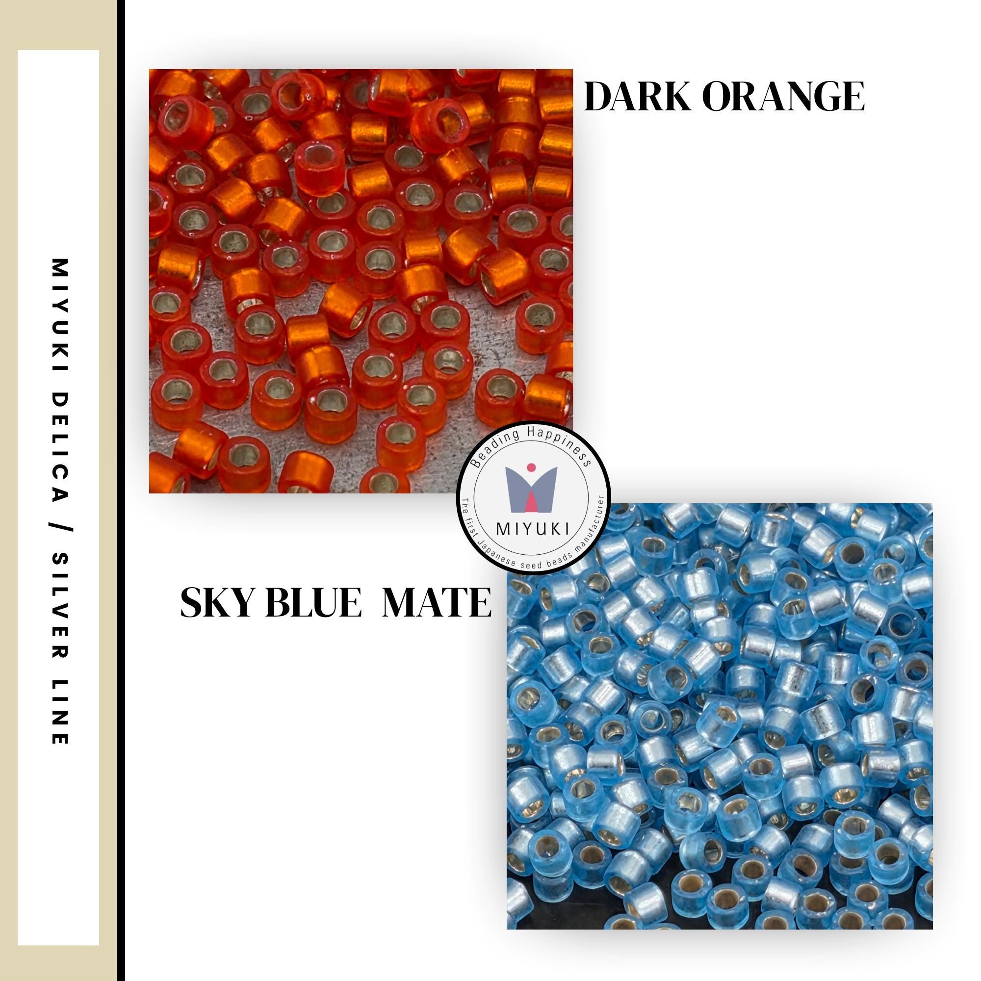 The image is a collage of two images, one showing a collection of orange beads and the other showing a collection of blue beads. The text "DARK ORANGE" and "SKY BLUE MATE" are displayed above the respective images.