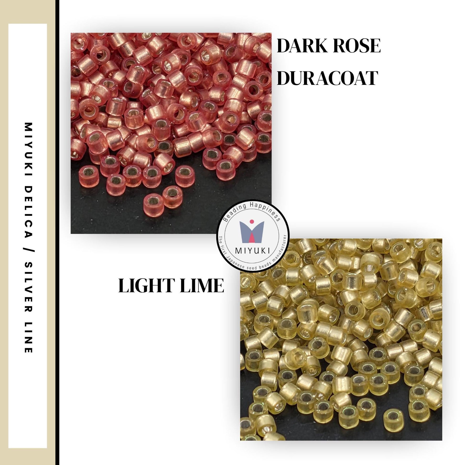 two different types of beads: dark rose and light lime.