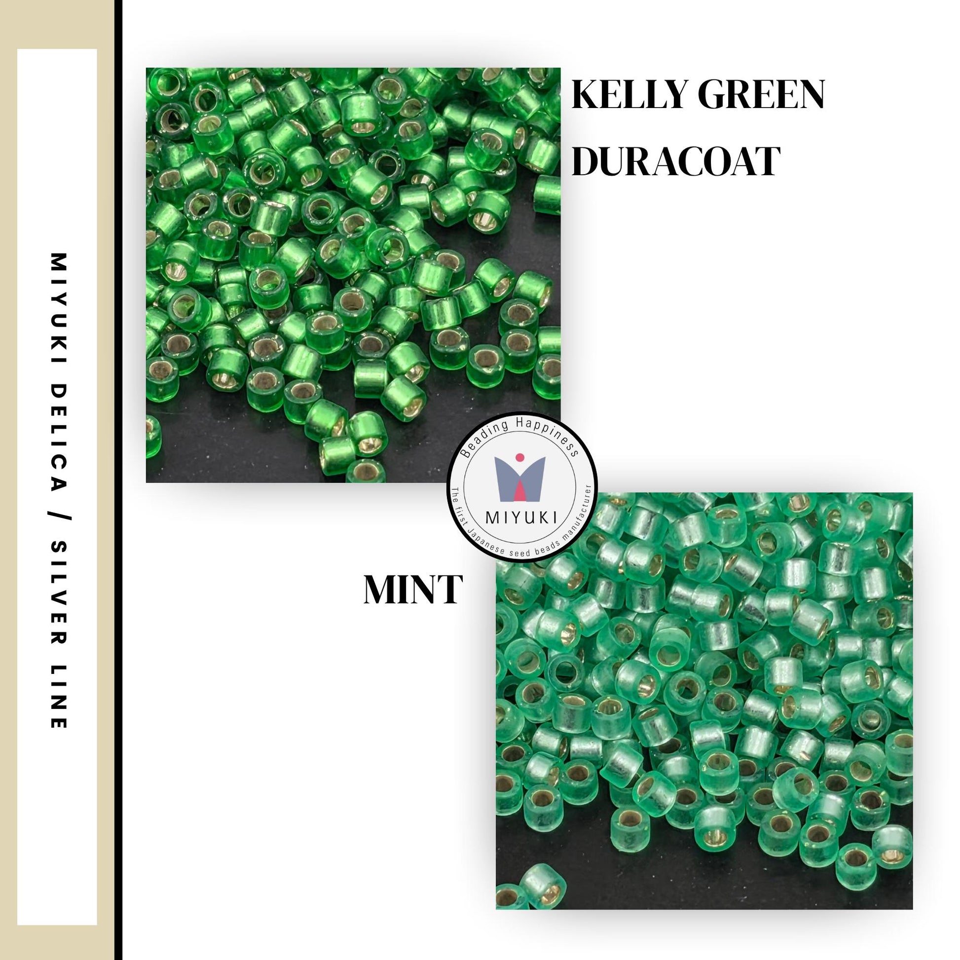 two images of green beads, one labeled as Kelly Green Duracoat and the other as Mint.
