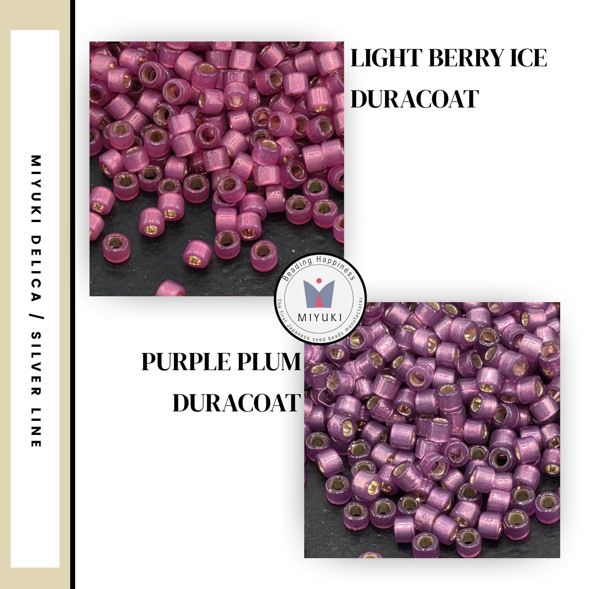 two images of purple plum beads, one with a light purple hue and the other with a darker purple hue. The text in the image indicates that these beads are made of a durable material, specifically Duracoat, and are available in two colors: Light Berry Ice and Purple plum.