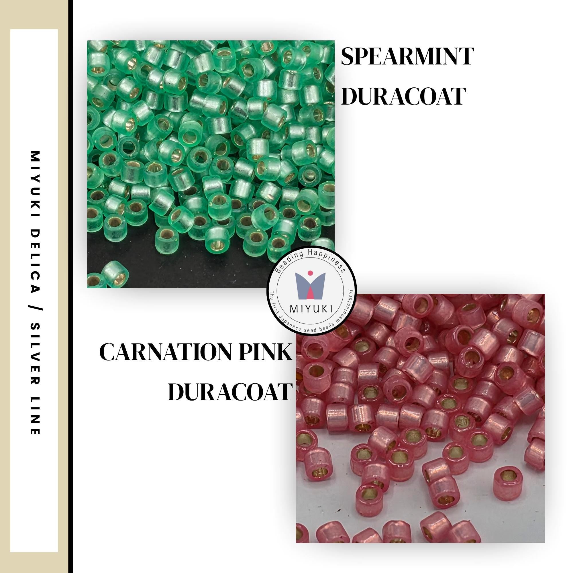 two images of beads, one with a green color and the other with a pink color. The text above the images reads "SPEARMINT DURACOAT" and below the images, there is a logo with the text "Carnation Pink Duracoat".
