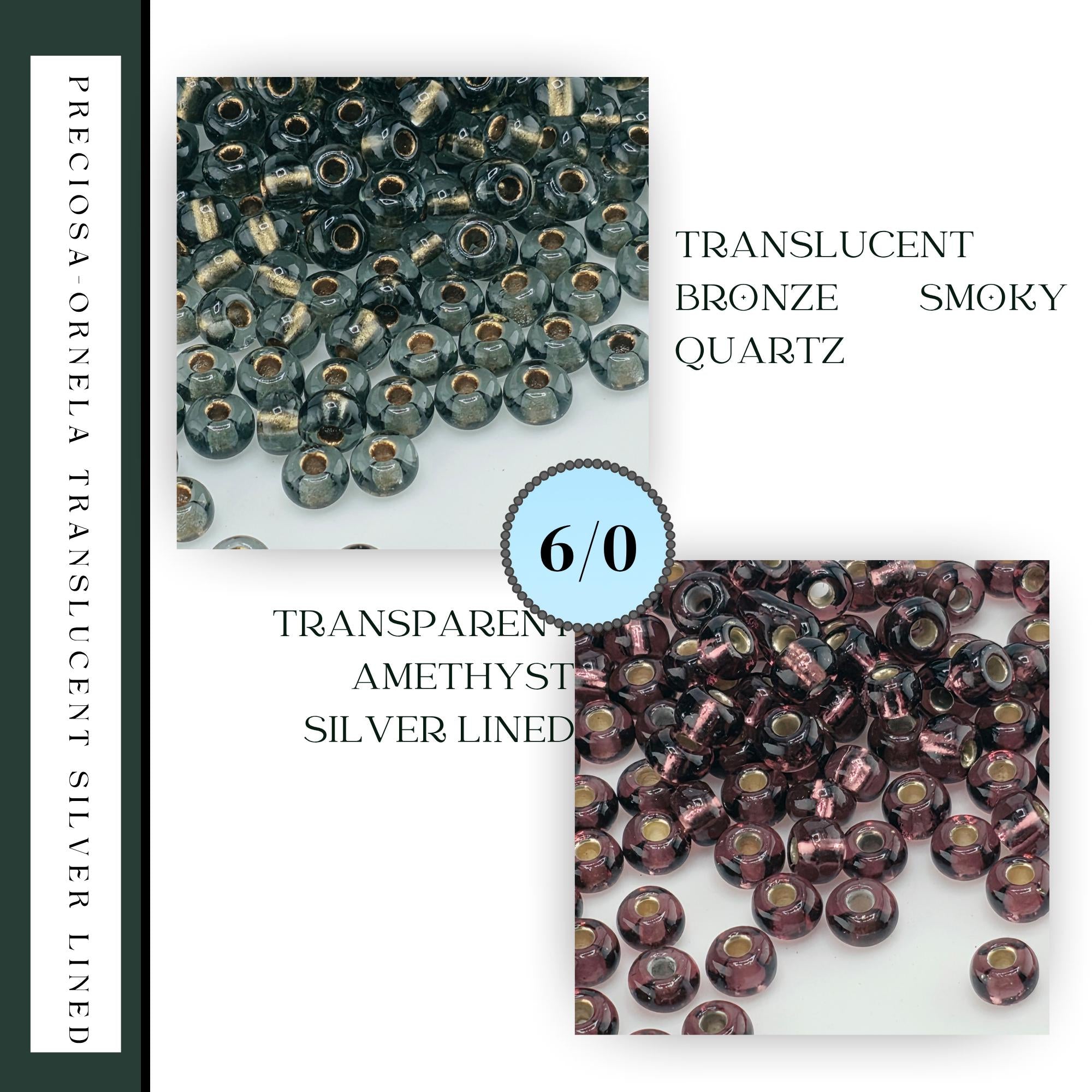 The image is a collage of two images, each showing a different type of bead material: clear beads and colored beads. The clear beads are transparent, while the colored beads are bronze, smoky, and quartz.