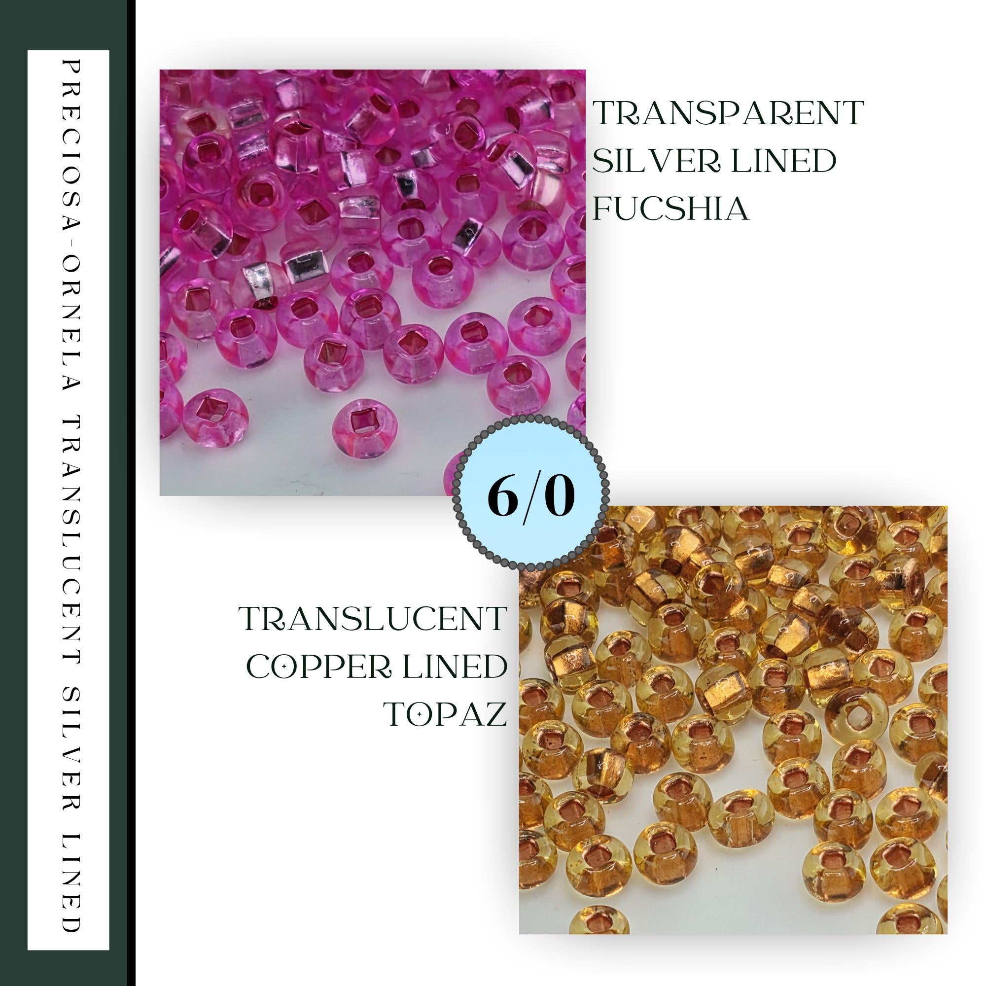 The image is a collage of two images, one with pink beads and the other with gold beads. The text in the image indicates that the pink beads are transparent and copper lined, while the gold beads are transparent and copper lined.