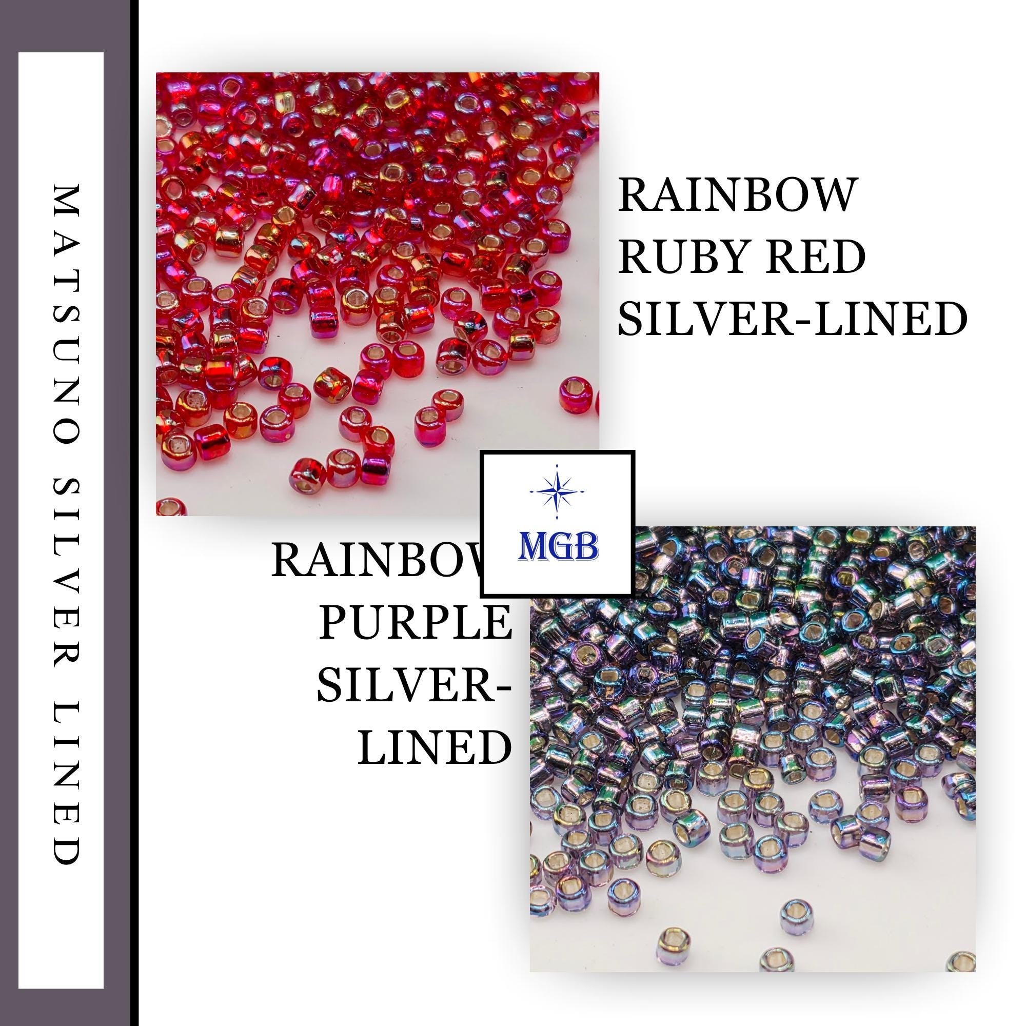 The image is a collage of two images, each showcasing a different type of bead: Ruby Red and Silver-Lined. The Ruby Red beads are in a vibrant red color, while the Silver-Lined beads are in a metallic silver color. The collage is titled "Rainbow Ruby Ruby Silver-Lined" and features the MBB logo, indicating that the beads are from the MGB brand.
