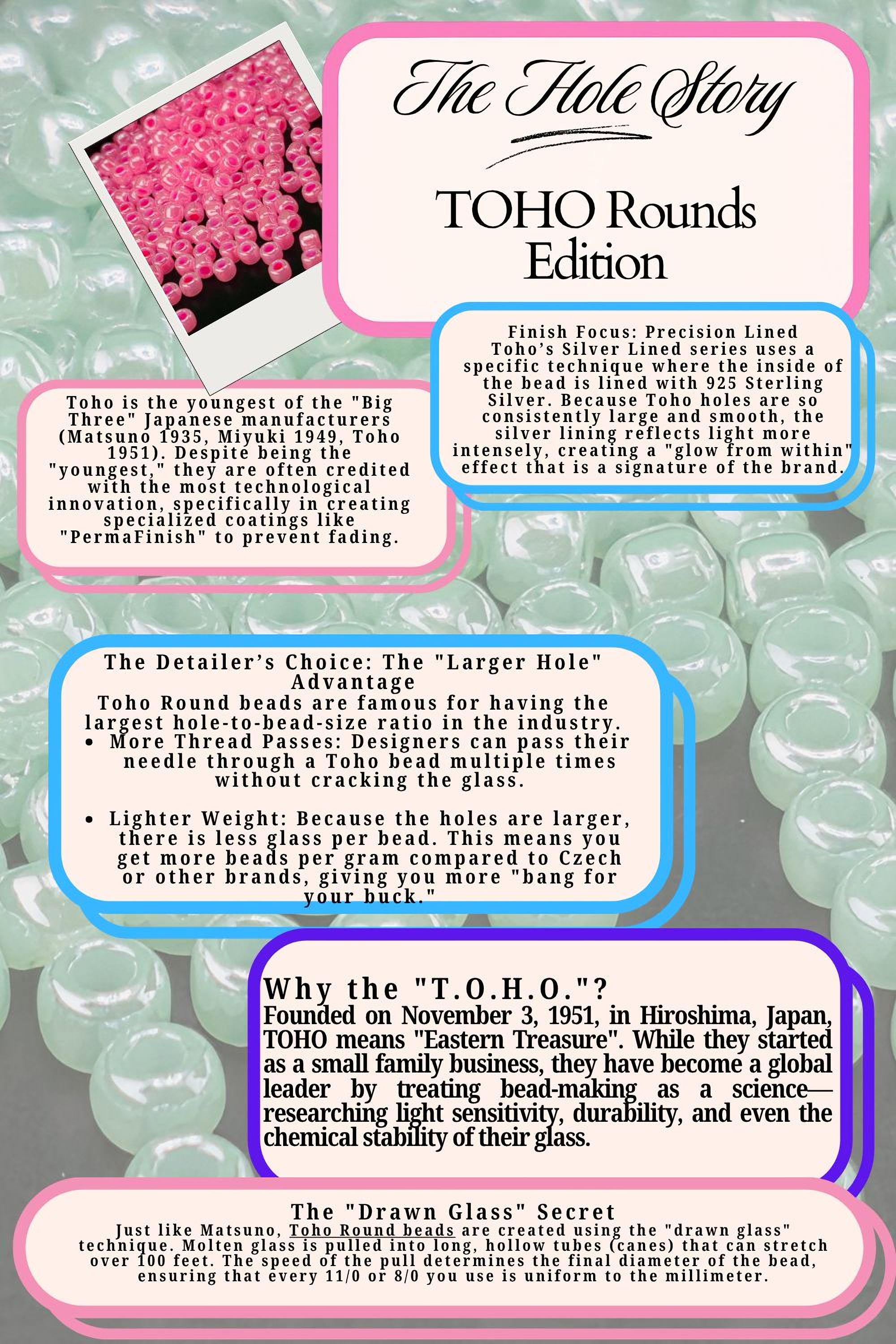 The image is a collage of various images related to the "TohO" brand, including a close-up of a pile of pink beads, a close-up of a hole in a piece of fabric, and a close-up of a hole in a piece of fabric. The image also includes text that provides information about the "TohO" brand, including its history, the "TohO" series, and the "TohO" series edition.