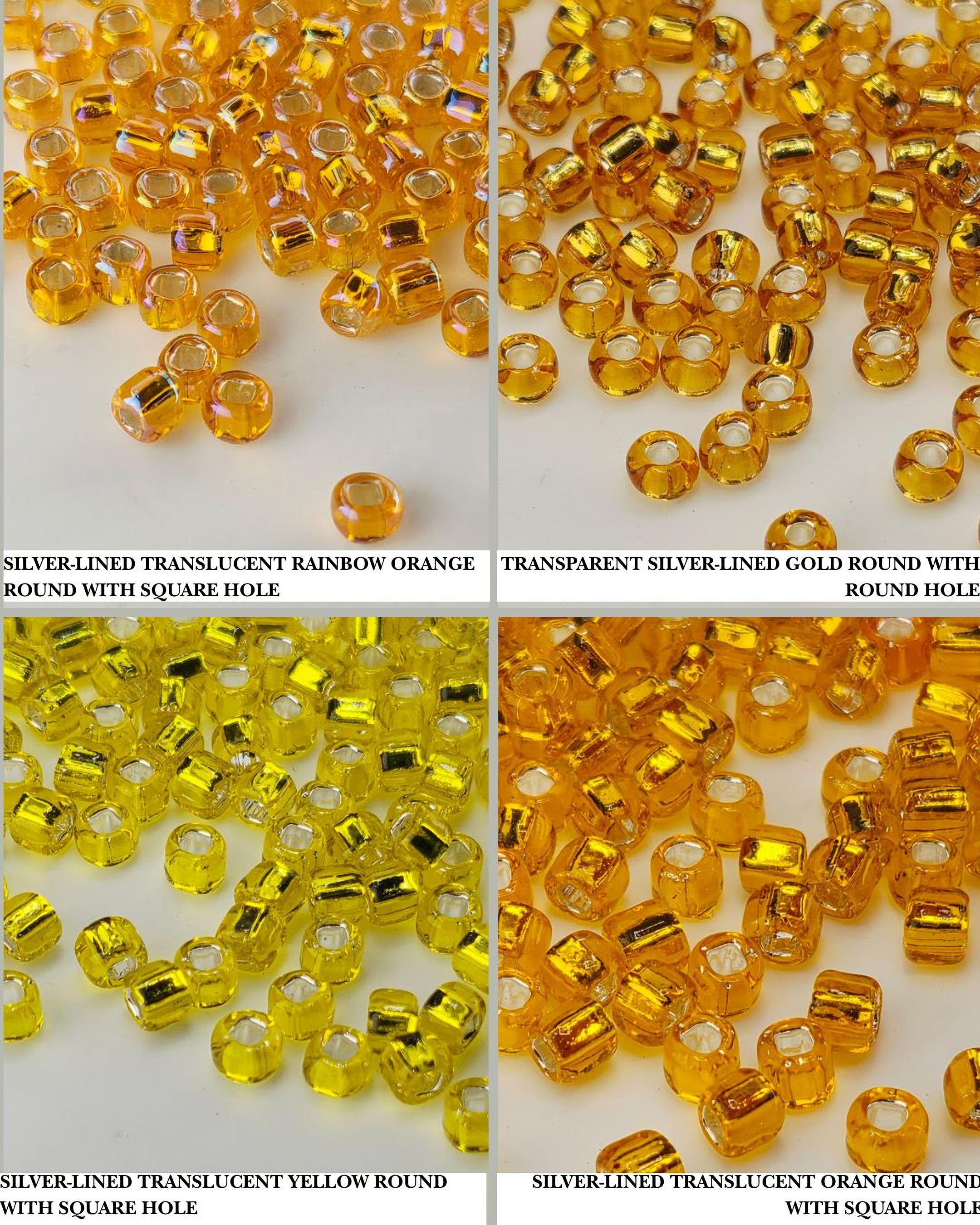 four different arrangements of yellow and orange beads, each with a round hole, arranged in a grid-like pattern.