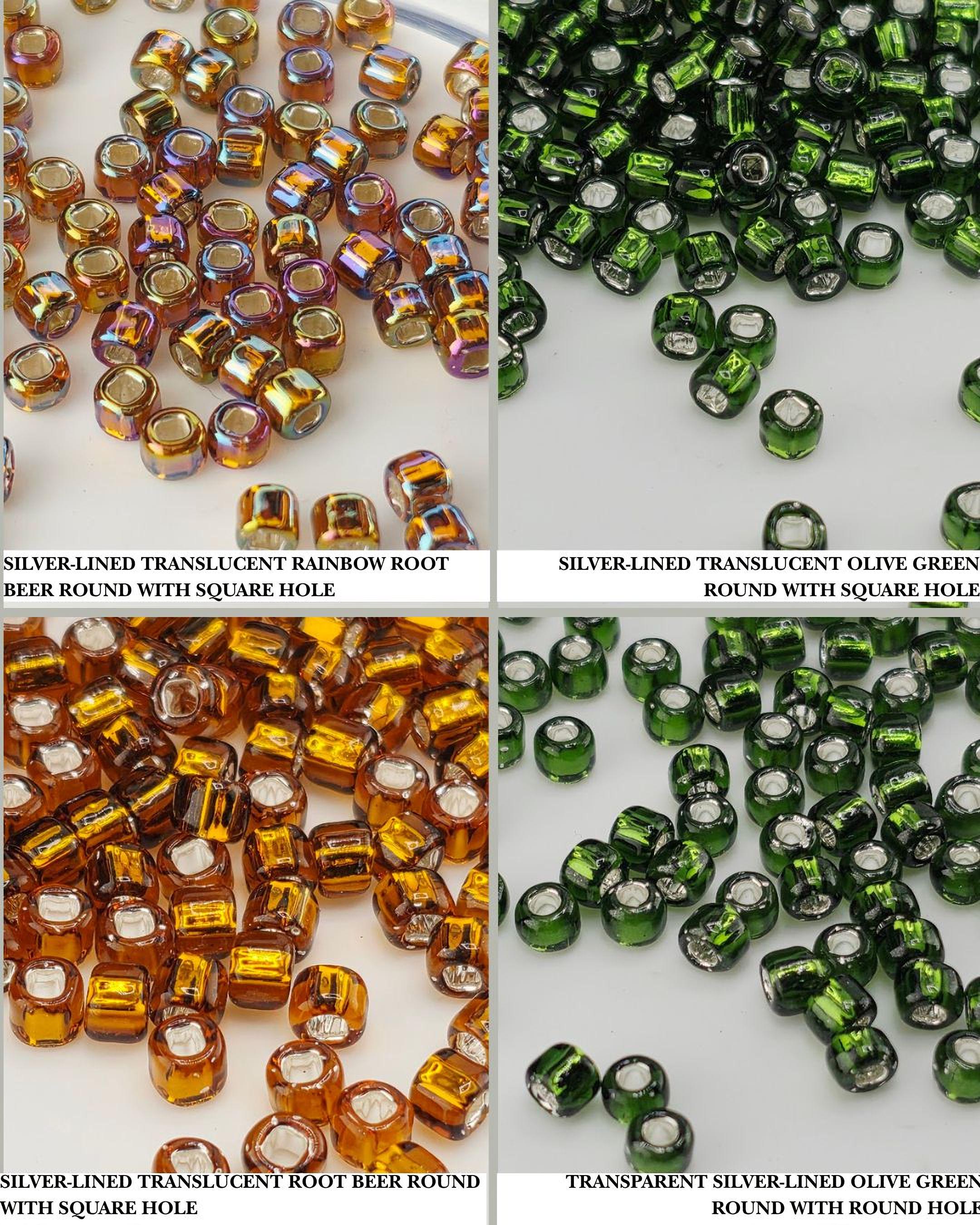 The image is a collage of four images showing different types of beads, including silver-lined, transparent, and round beads with square holes.