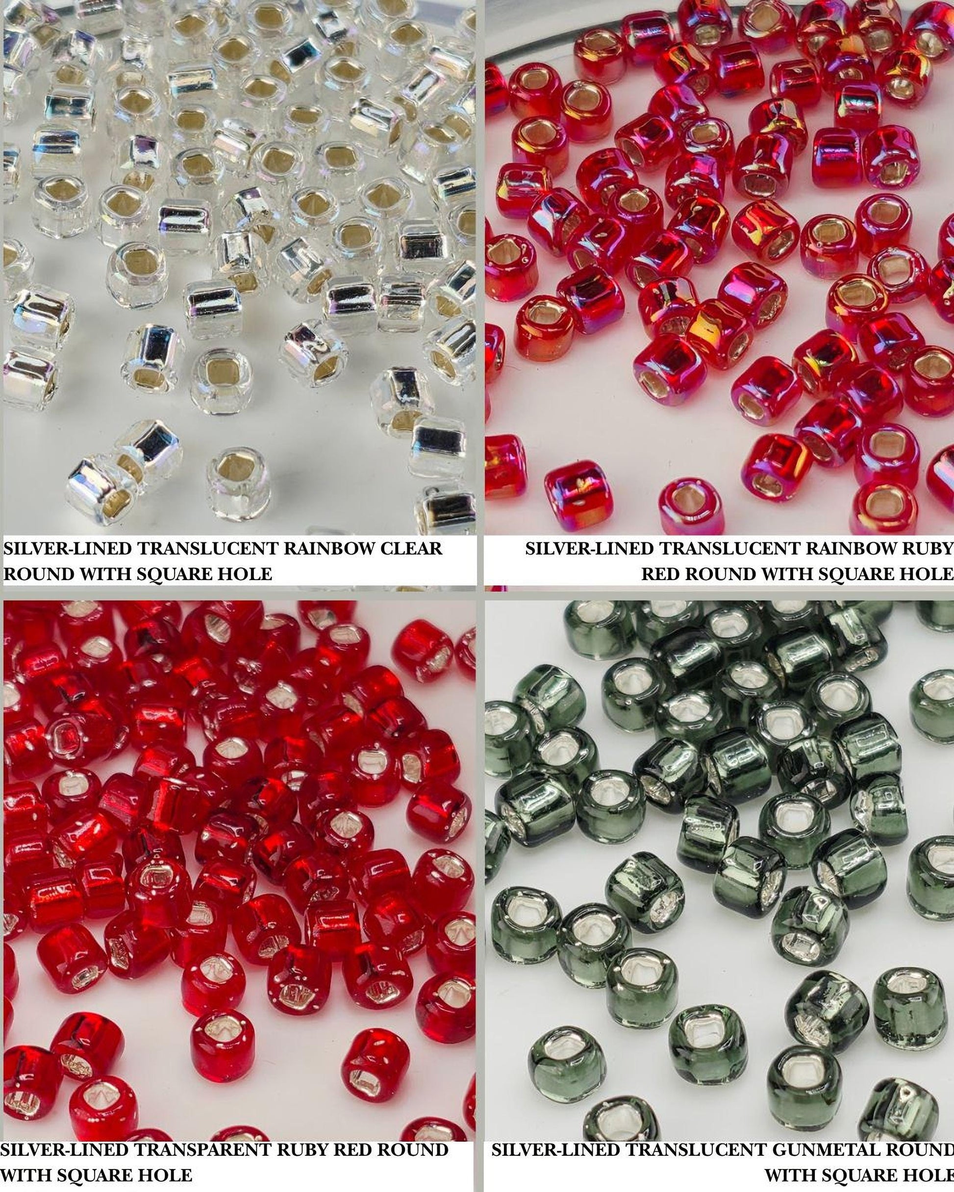 The image is a collage of four images showing different types of beads, including silver-lined transparent rainbow clear, silver-lined translucent rainbow ruby, silver-lined translucent gunmetal, and silver-lined translucent gemeral.