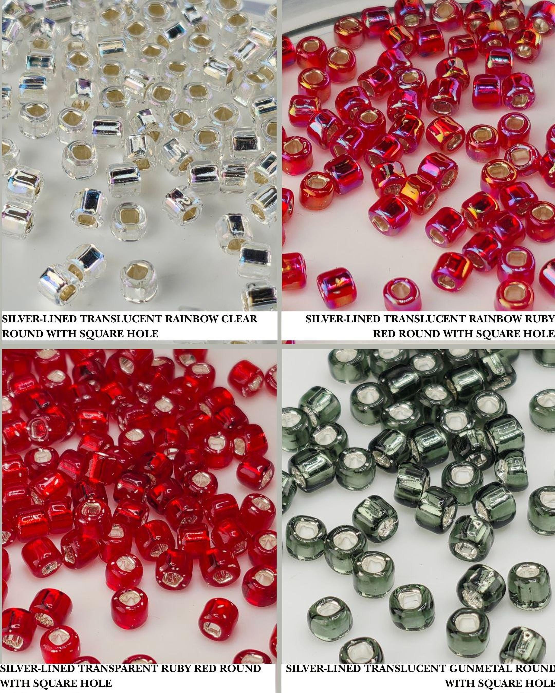 The image is a collage of four images showing different types of beads, including silver-lined transparent rainbow clear, silver-lined translucent rainbow ruby, silver-lined translucent gunmetal, and silver-lined translucent gemeral.