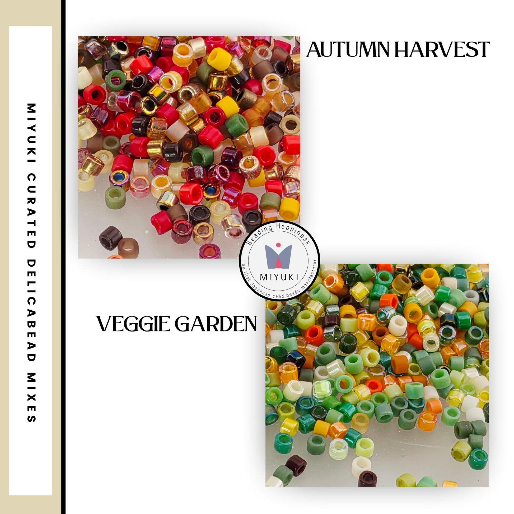 The image is a collage of two images, one showing a pile of colorful beads and the other showing a pile of multicolored beads. The text "Autumn Harvest" and "Veggie Garden" are visible, indicating the themes of the images.