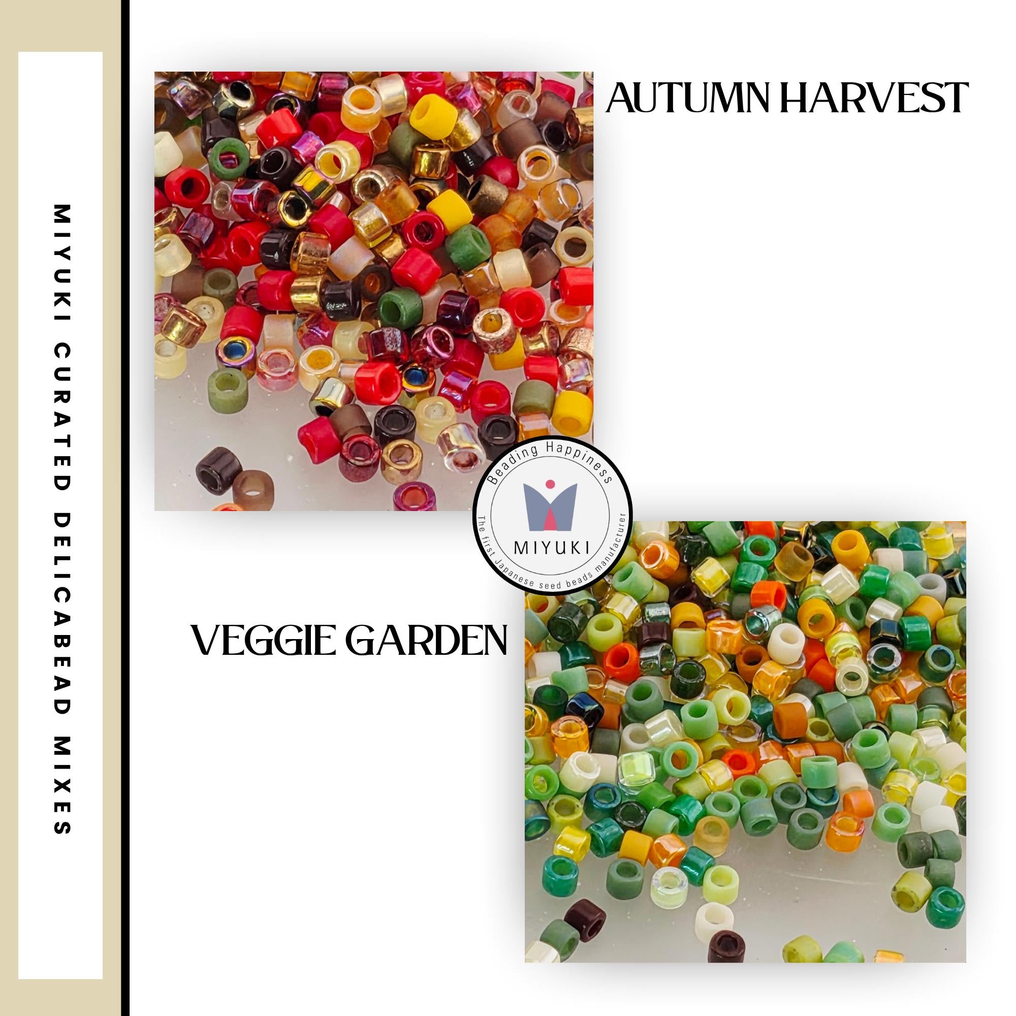 The image is a collage of two images, one showing a pile of colorful beads and the other showing a pile of multicolored beads. The text "Autumn Harvest" and "Veggie Garden" are visible, indicating the themes of the images.