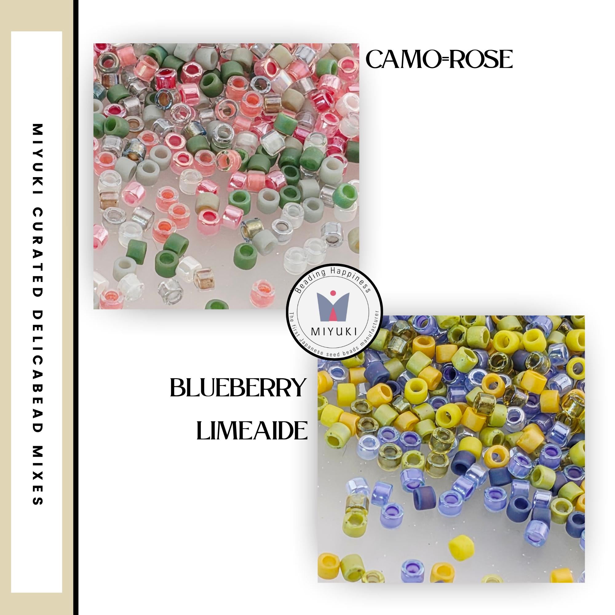 The image is a collage of two images, each featuring a variety of beads in different colors and sizes. The text in the image includes "CAMO-ROSE" and "BLUEBERRY LIMEAIDE" to describe the beads.