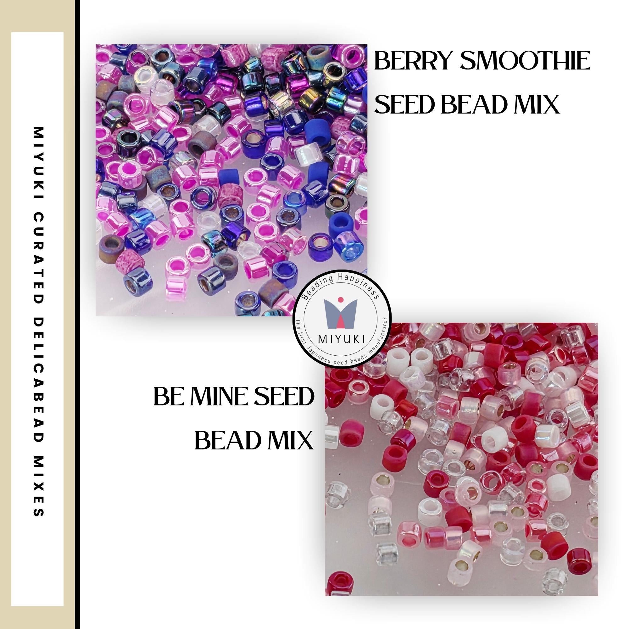 The image is a collage of two images, each featuring a variety of colorful seed beads. The first image shows a collection of seed beads in shades of purple, blue, and pink, while the second image displays a mix of seed beads in pink, white, and clear colors. The text "BE MINE SEED Bead Mix" is visible, indicating that these are seed bead mixtures.