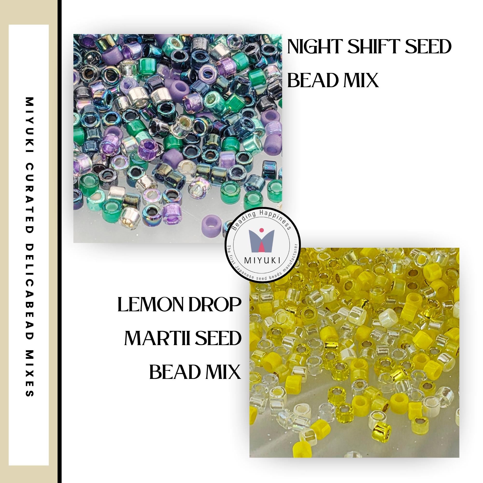 The image is a collage of two images, each showcasing a different type of bead mix: a night shift seed bead mix and a lemon drop martini seed bead mix.