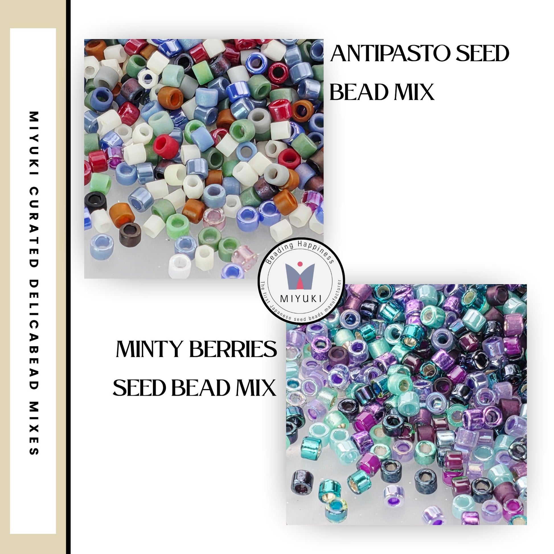 The image is a collage of two images, each containing a variety of colorful beads. The first image shows a pile of multicolored beads, while the second image displays a more intricate arrangement of beads. The text in the image provides information about the beads, including the names of the beads and the type of bead mix they are a part of.